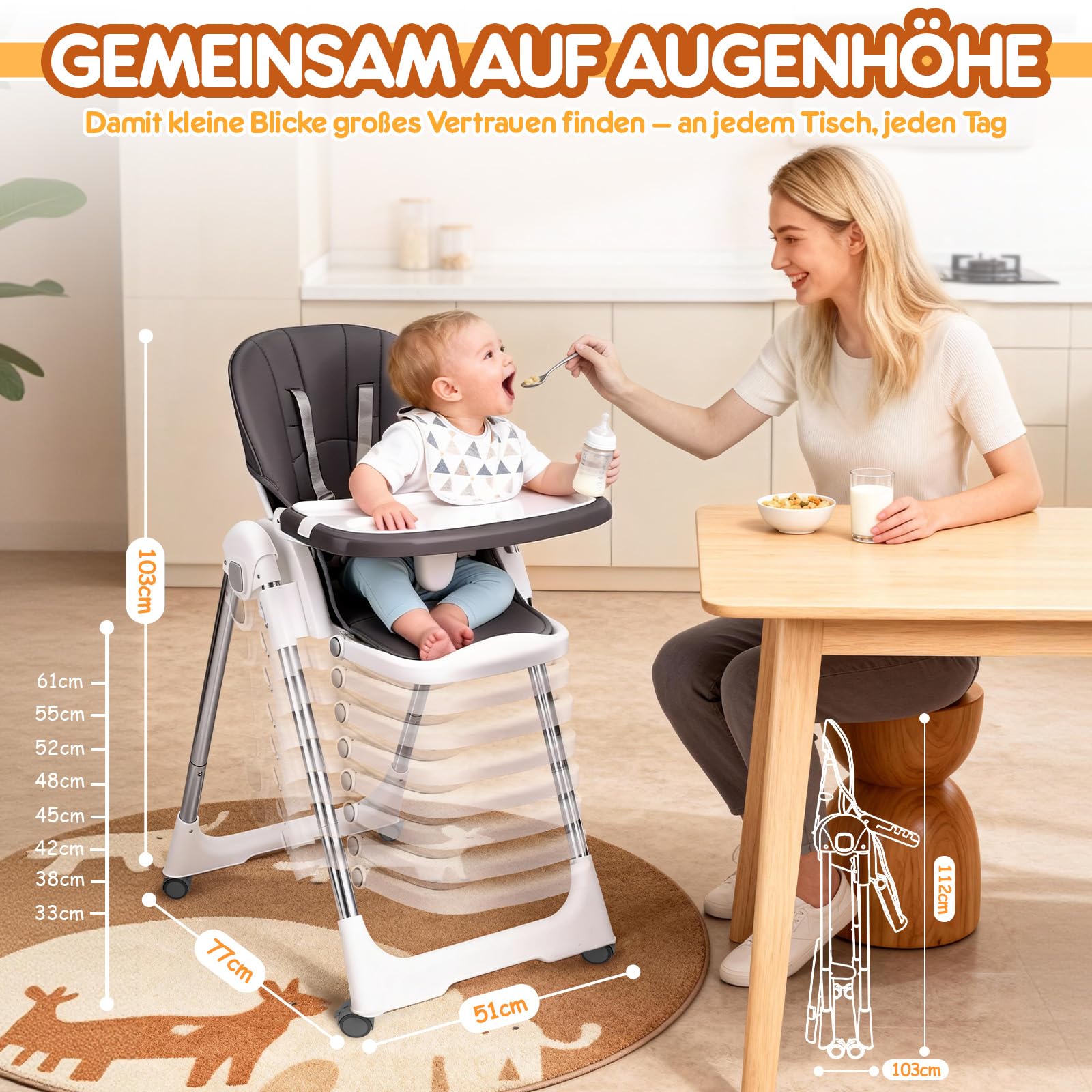 Soontrans Hochstuhl Baby, Sicher am Familientisch zum Essen Spielen Entdecken, Mitwachsend Ab Geburt bis Kleinkind, Liegeposition & Höhenverstellbar & Klappbar, aus Metallrahmen & Gepolstert(Anthrazit