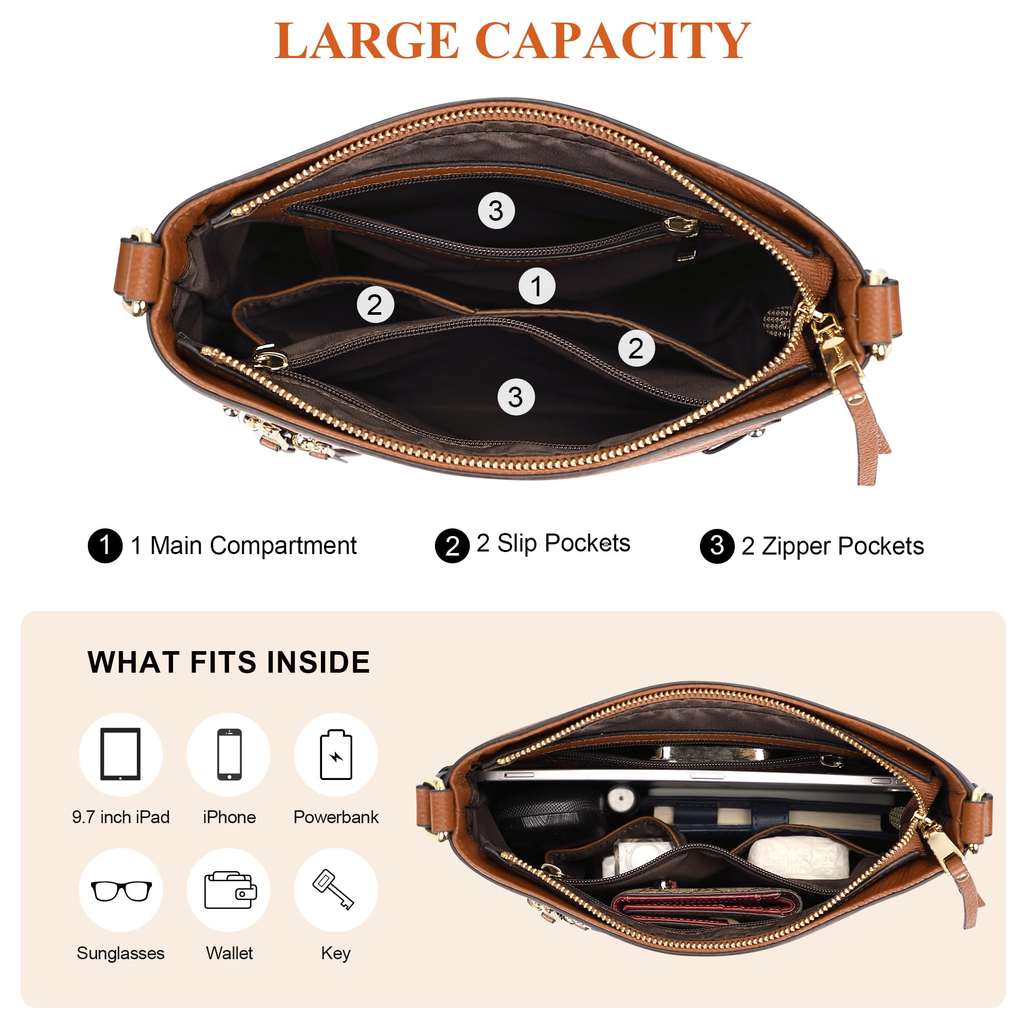 Over Earth Borse a tracolla da donna in pelle per donne con tasche multiple