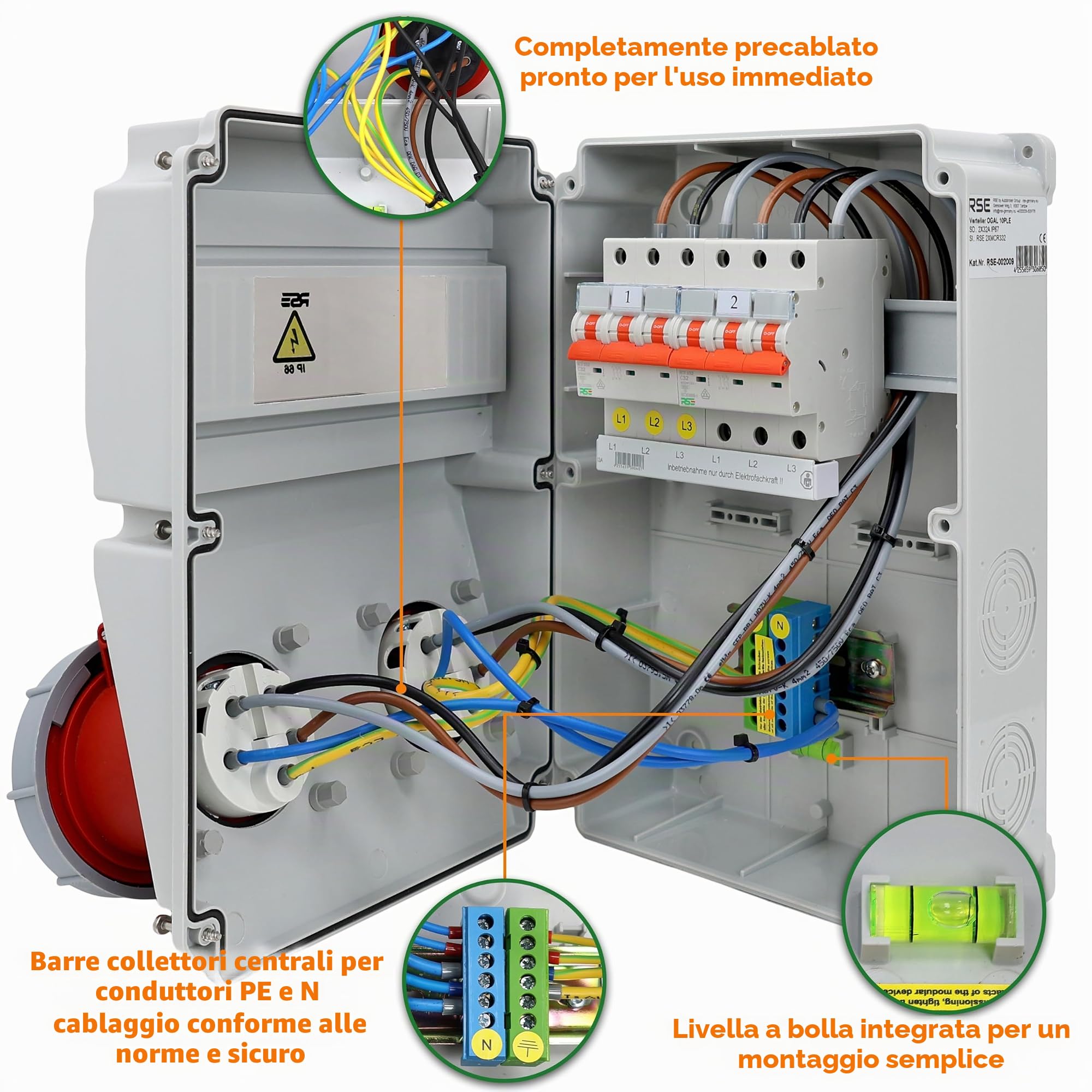 Distributore di corrente da cantiere da parete completamente cablato 32A 16A con presa CEE IP67, 9. 2X32A IP67 con RSE LS