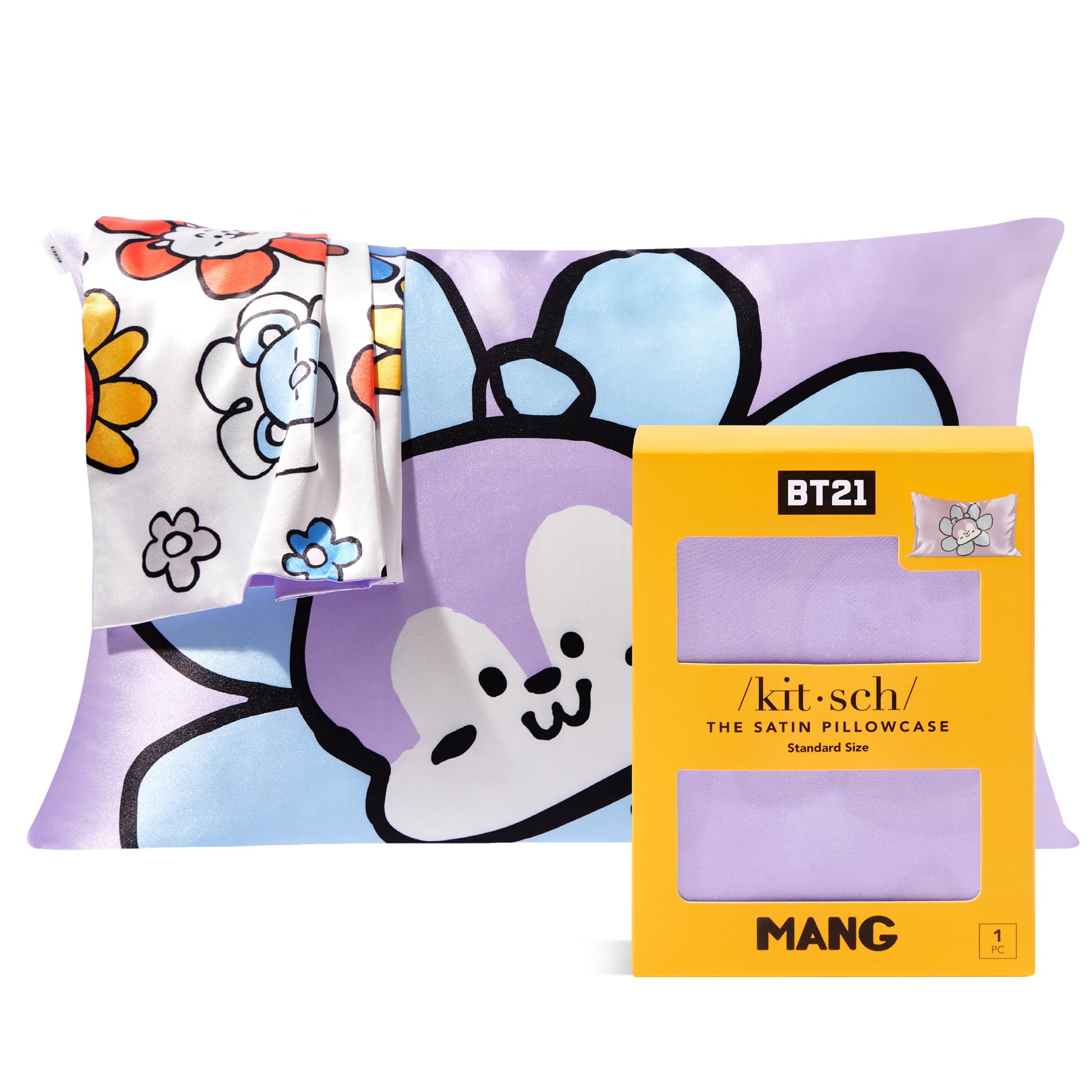 Kitsch x BT21 Satin Pillowcase with Zipper – Better Than Silk Pillowcase, Mang Character & Funky Floral Print – Soft Cooling Toddler Bed Time Pillow Case for Hair & Skin – Queen/Standard 19x26