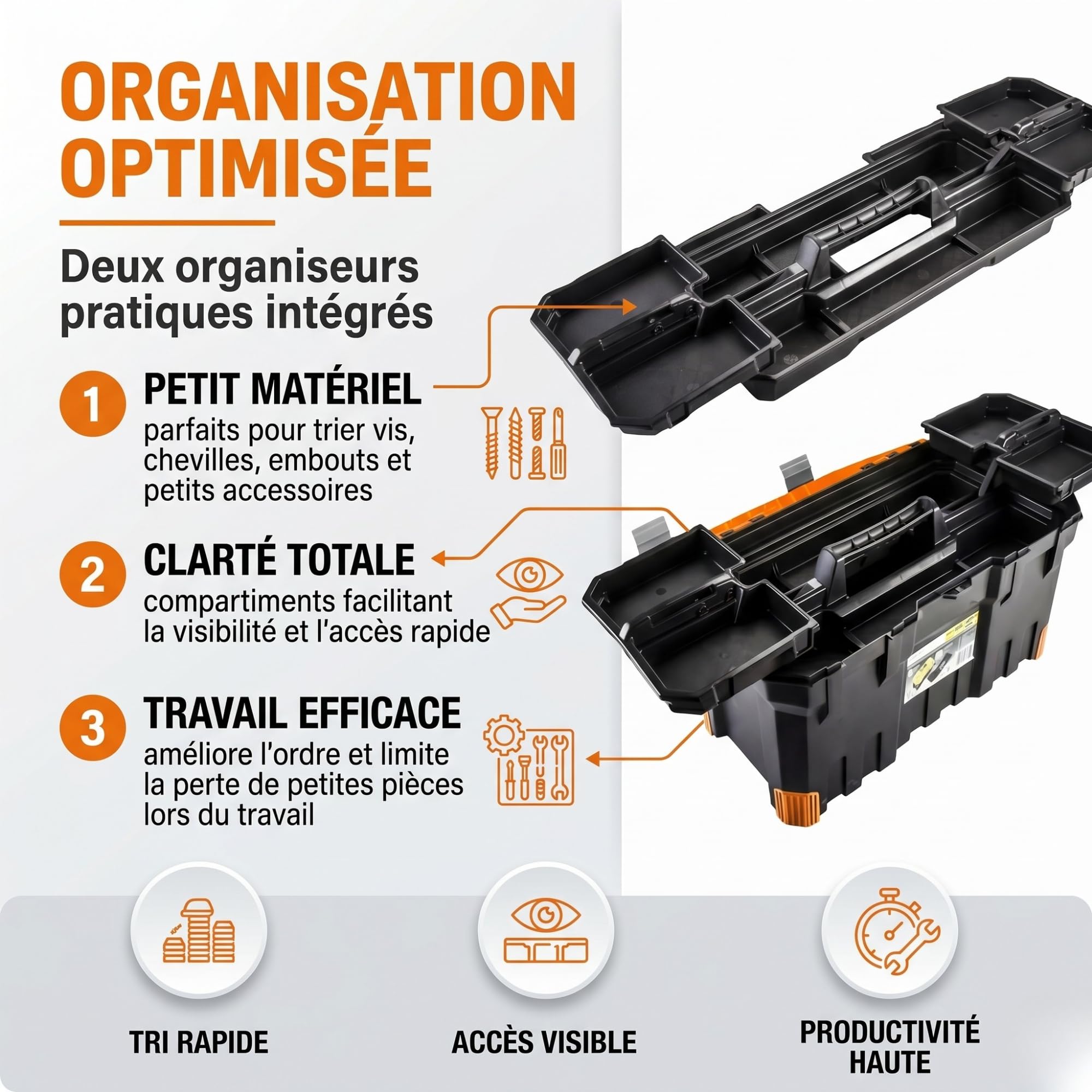 NEO TOOLS Boîte à Outils 22 pouces Caisse de Rangement Outils 55,4 x 28,6 x 27,6 cm avec Organiseurs Couvercle Plateau Amovible Poignée Caoutchoutée