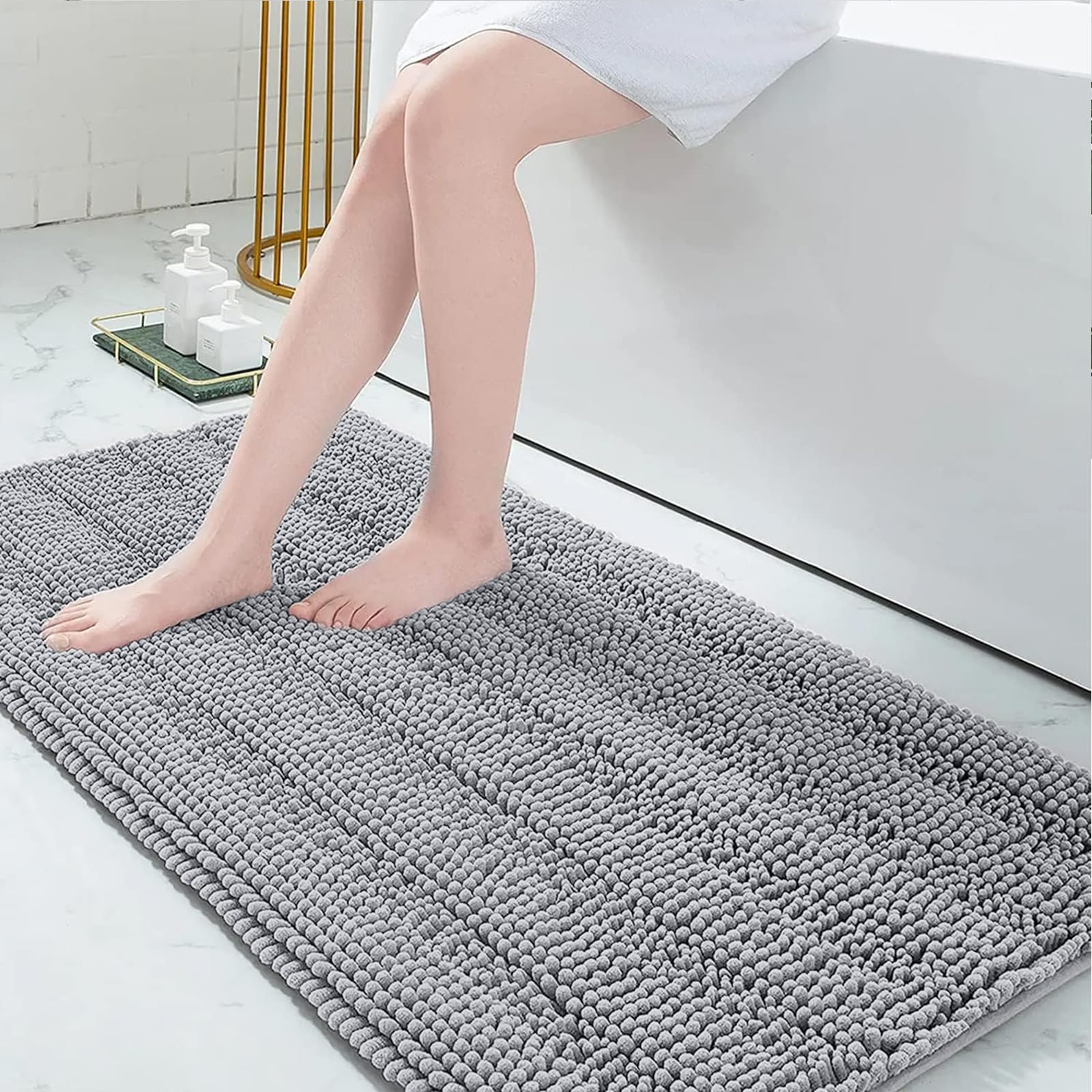 Grandaily Chenille Bathroom Rugs 59x24, Soft Bath Mats, Light Grey