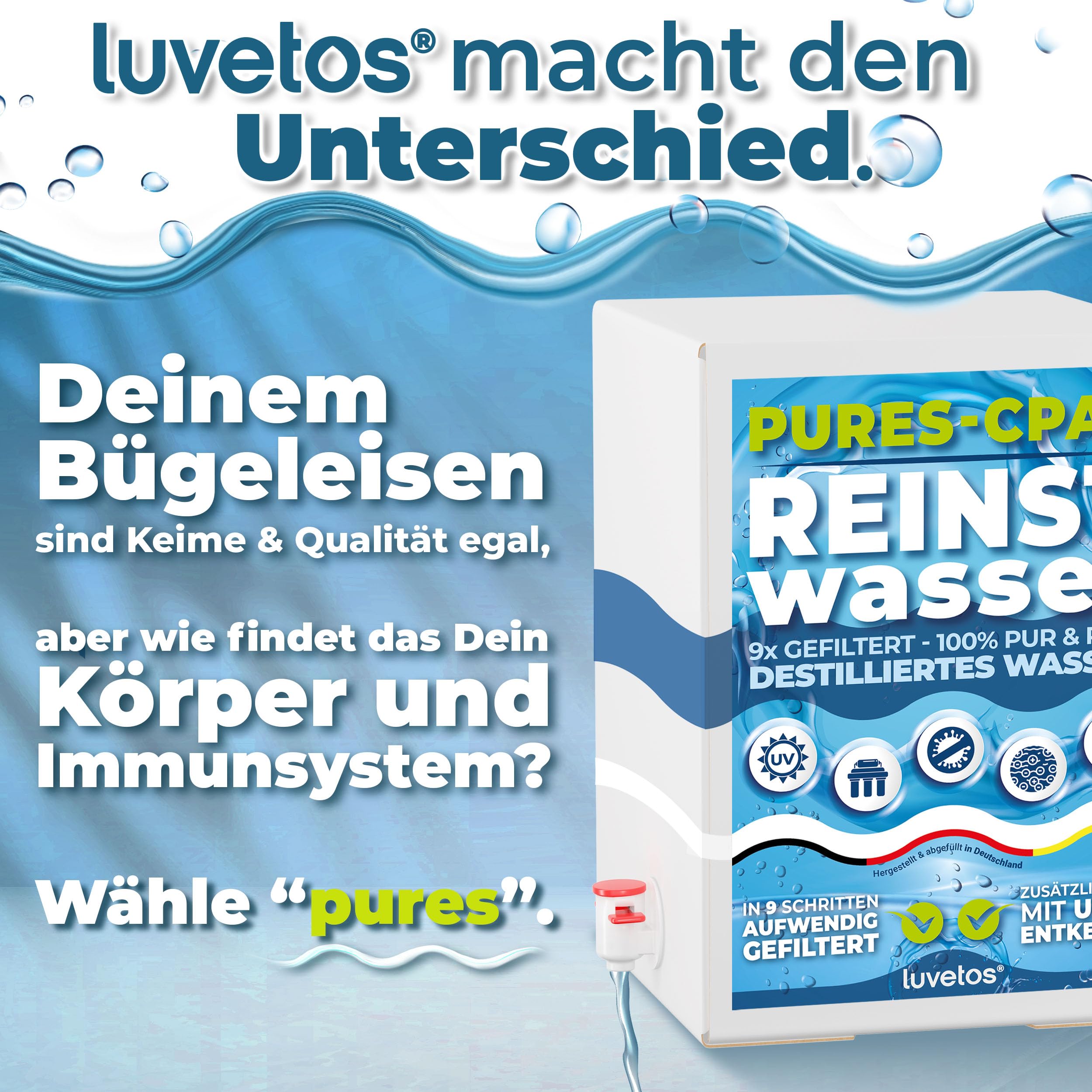 CPAP Wasser 2x 5 L Bag-in-Box, 9 stufig gefiltert & UV C entkeimt destilliertes Premium ReinWasser für Luftbefeuchter, Vernebler, Befeuchter, Sauerstoffgeräte, Kosmetik & DIY
