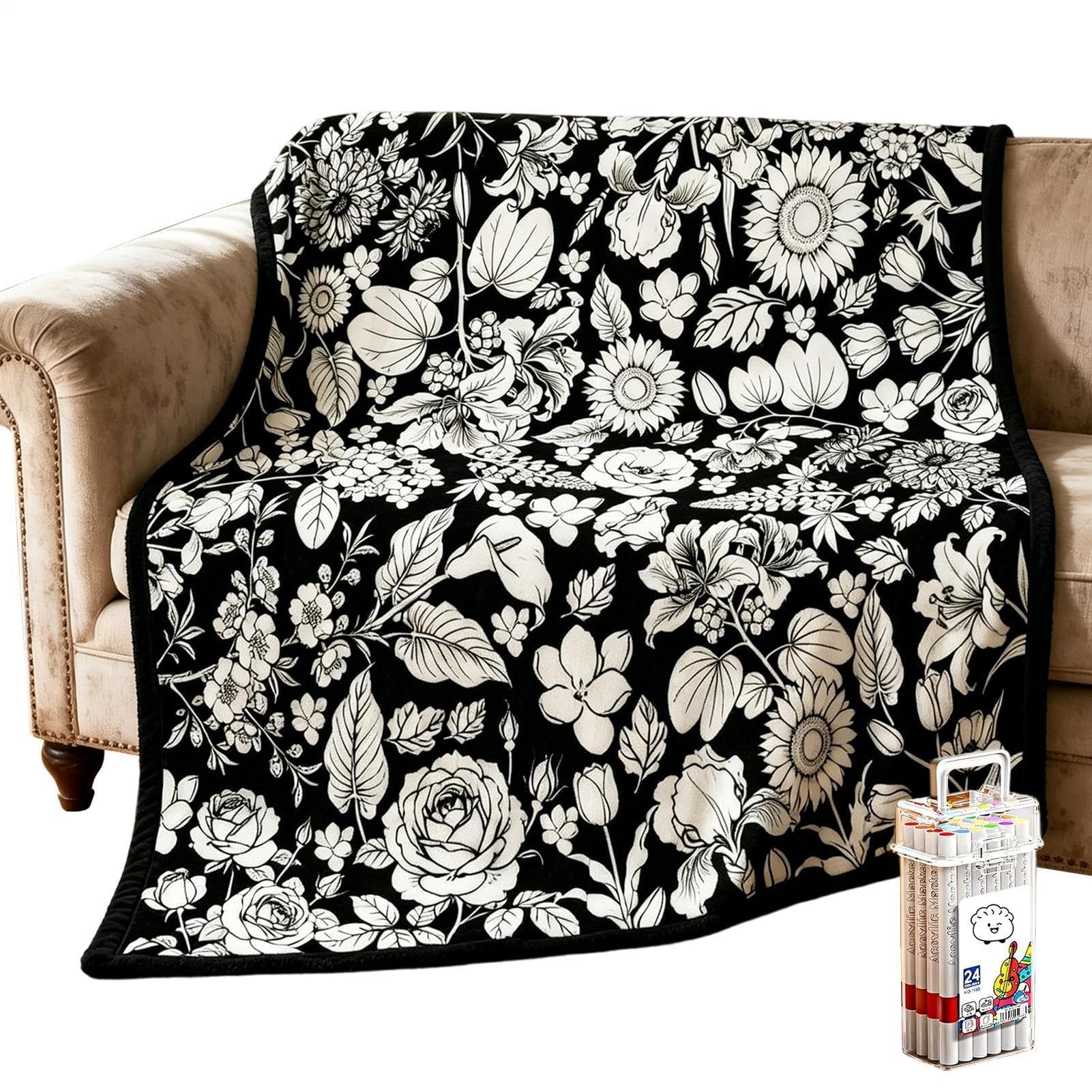 Couverture à colorier avec 24 feutres textiles inclus, plaid DIY pour loisirs créatifs