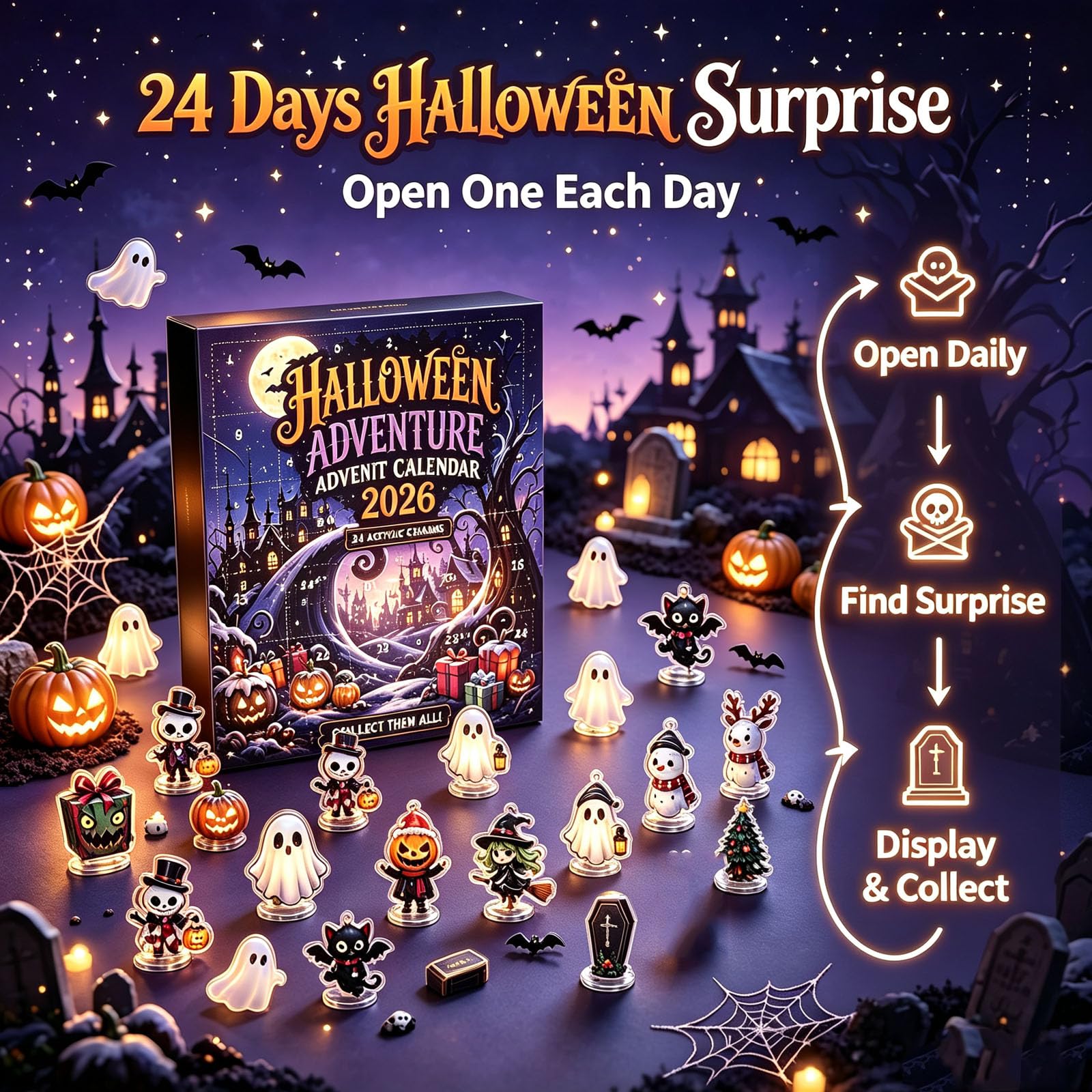 Calendario dell'Avvento Avventura di Halloween con figure spettrali (3pcs) | Scatola cieca quotidiana fatta a mano Sorprese quotidiane, decorazioni di mini personaggi per regalo da esposizione domestica