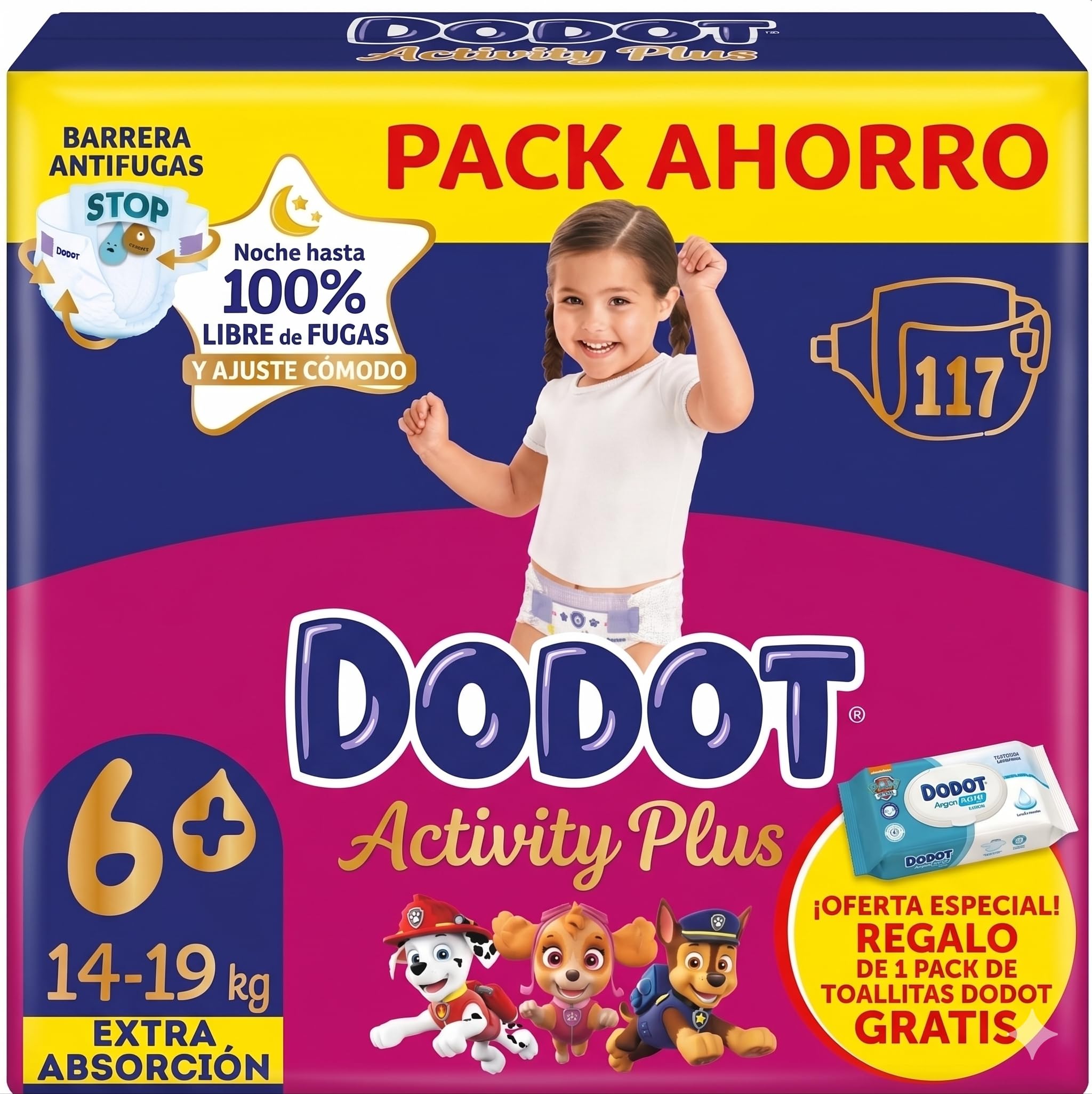 Dodot Activity Plus Pañales Talla 6+, 14-19 kg, Extra Absorción, 117 Unidades, con Barrera Antifugas y Toallitas de Regalo