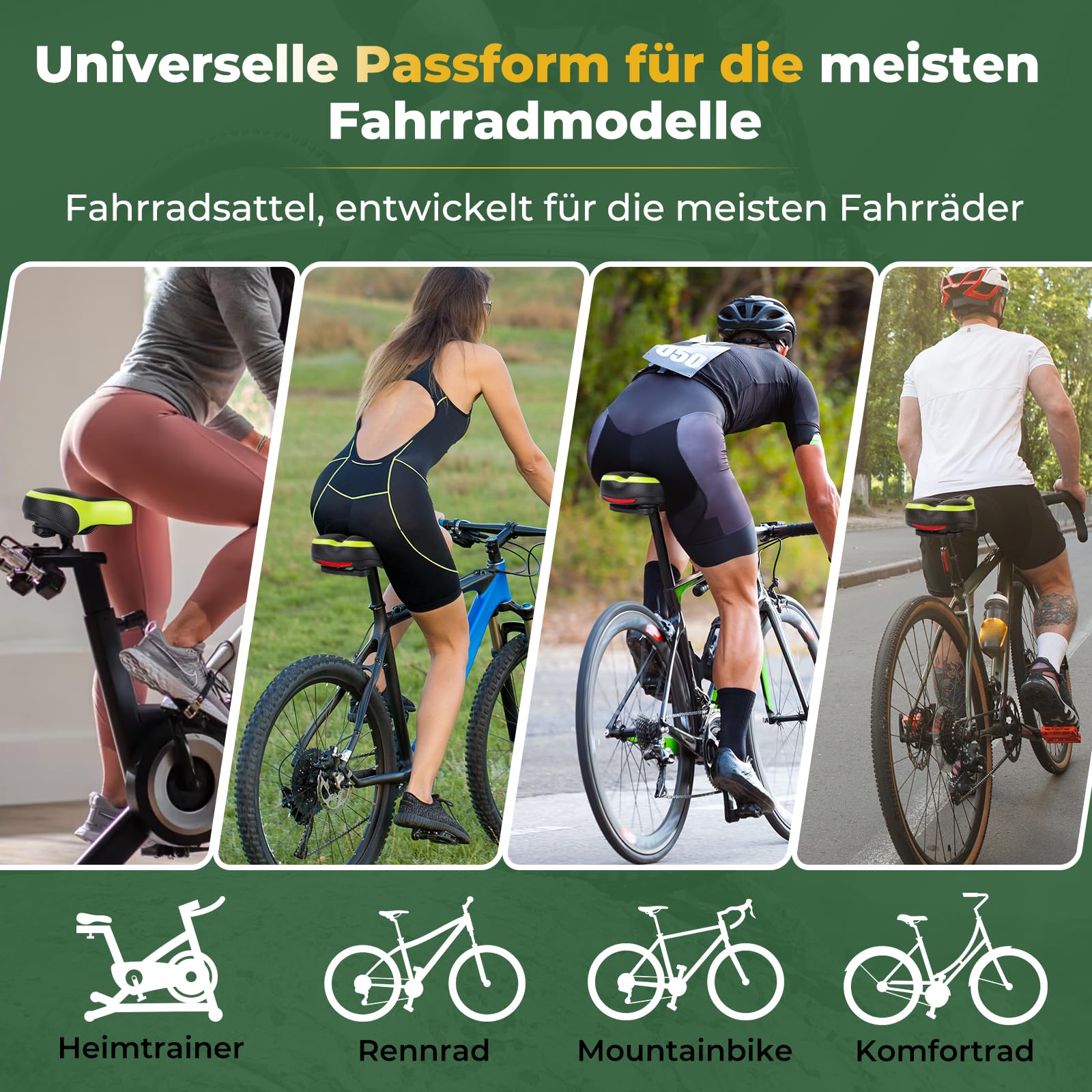 TONBUX Fahrradsattel Herren Damen mit Reflektor Bequem Gel Fahrradsitz Grün – Ansicht 6