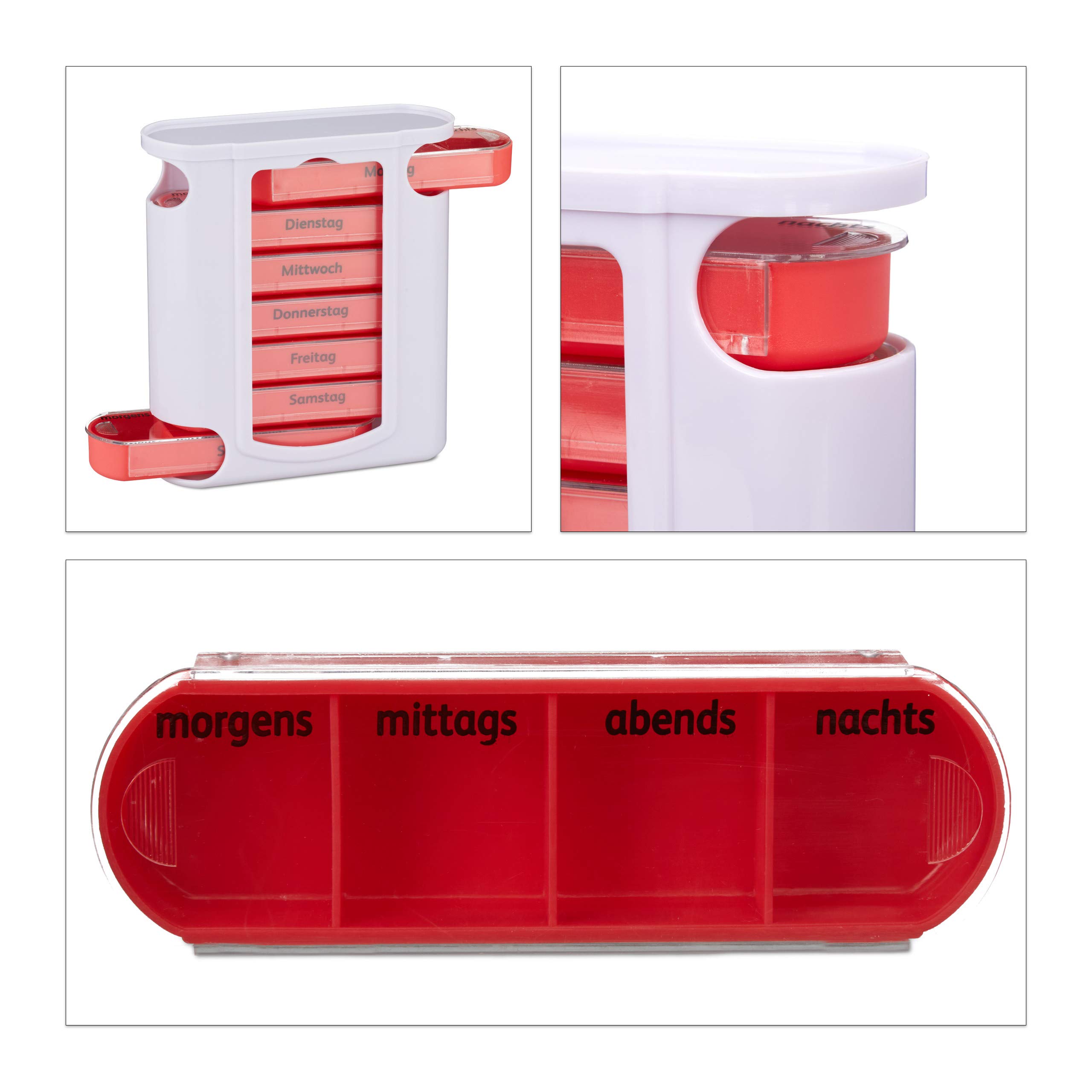 Relaxdays 10x Portapillole 7 Giorni, Porta Pastiglie Settimanale, 4 Scomparti, Suddivisione Giornaliera, Bianco Rosso