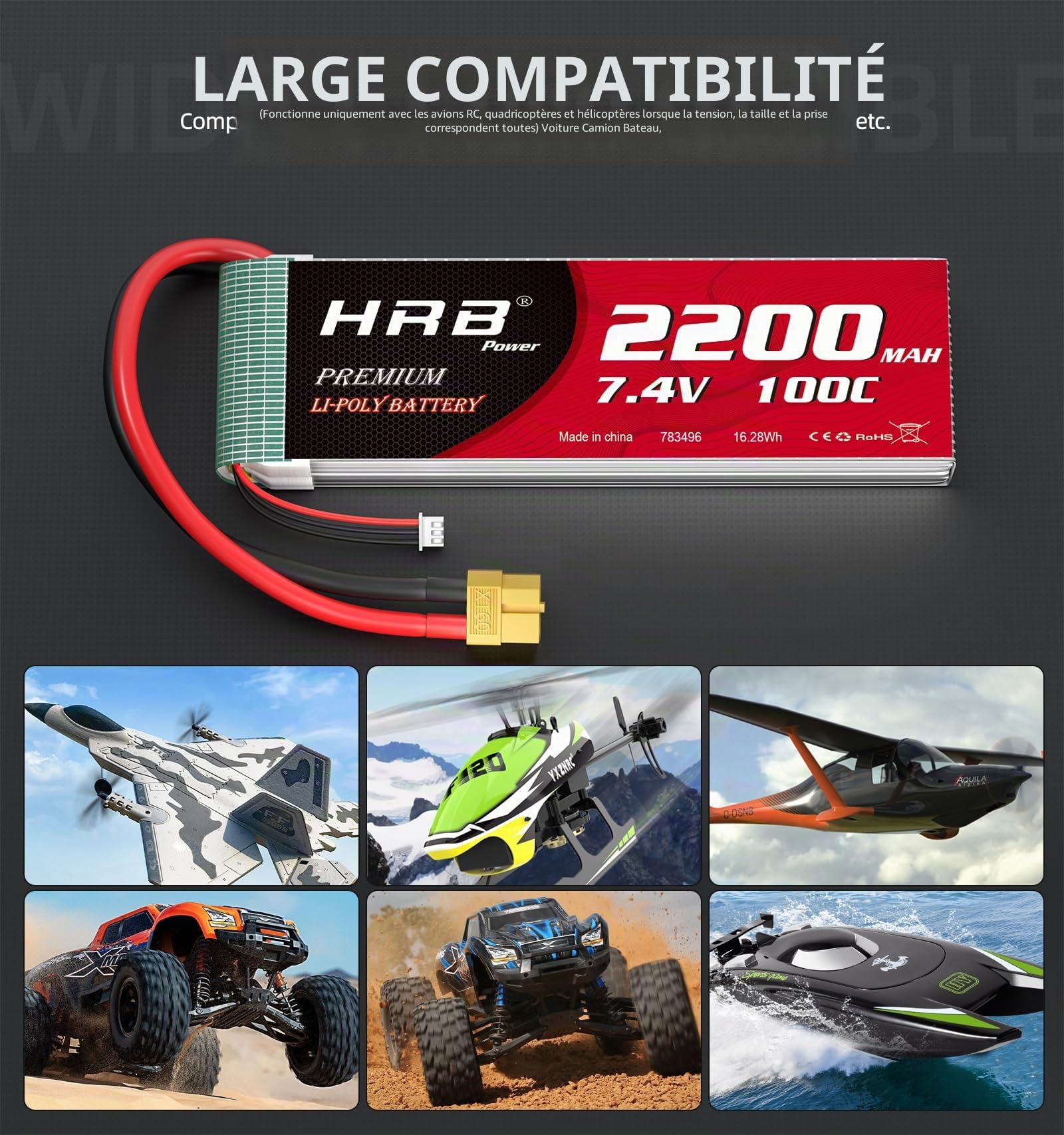HRB 2pc 2200mAh 7.4V 2S 100C LiPo Battery Pack with XT60 Plug Compatible with Rc Traxxas 1/16 E-Revo VXL Summit Slash Losi 1/14 Mini 8ight and Rc Cars
