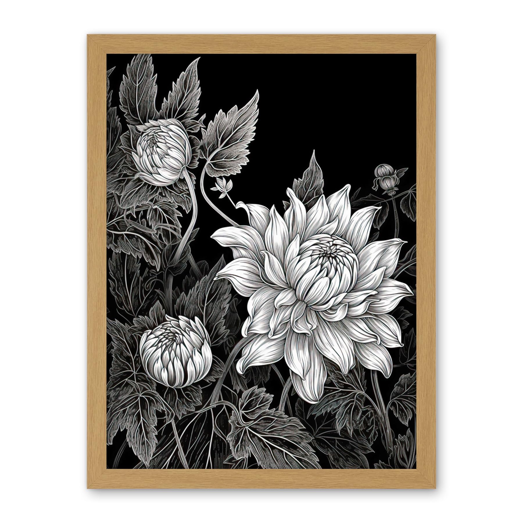 Artery8 Detailed Black and White Dahlia Flower Blooms Artwork Framed Wall Art Print 18X24 Inch