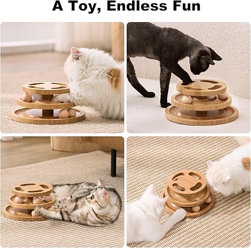 Miniatura 7 de Juguete de pista de bolas para gatos con parte superior de rompecabezas, juguetes de madera para gatos de interior con bolas giratorias, torre