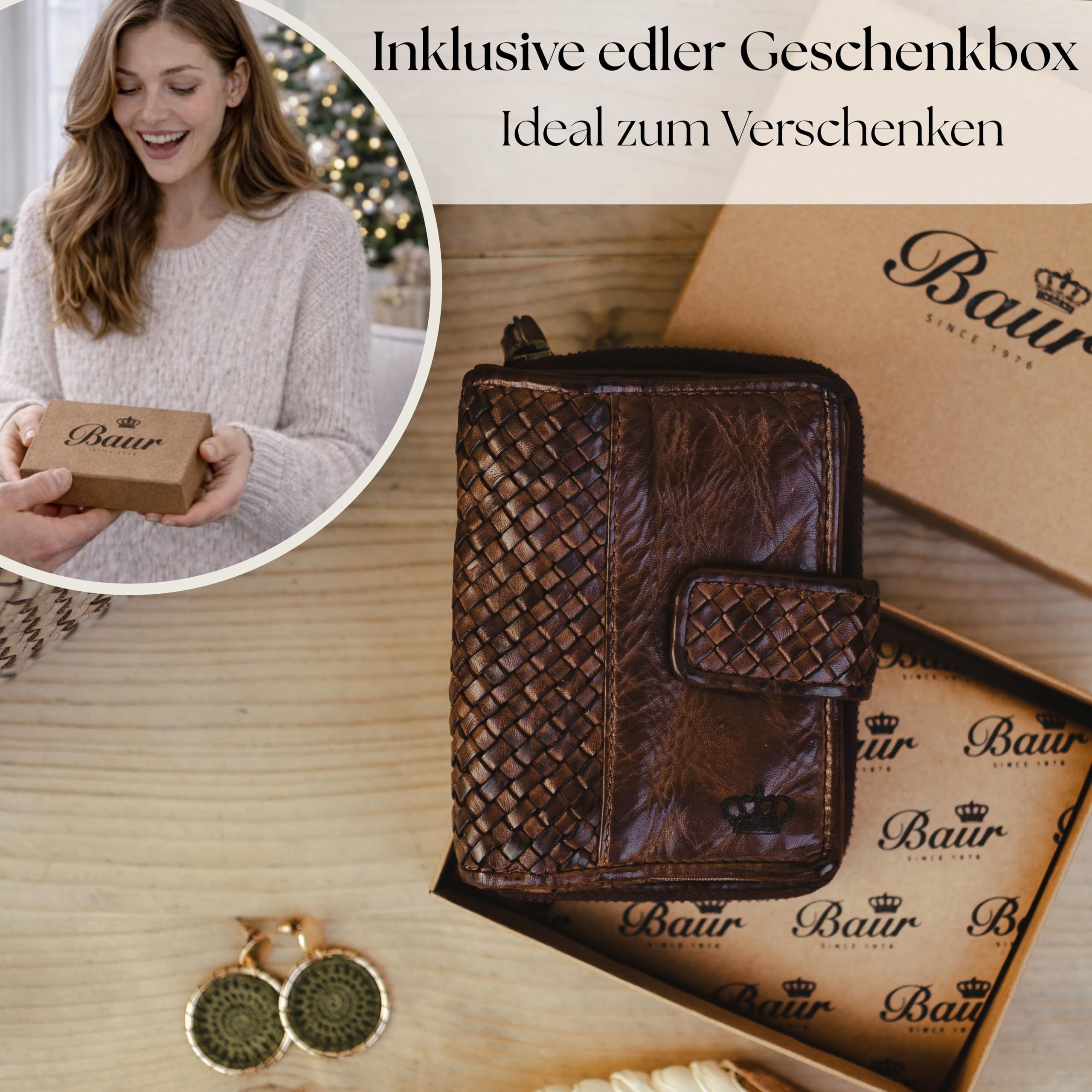 Baur damski portfel z bardzo miękkiej skóry myjącej, ręcznie pleciony, portfel w stylu used look, ochrona RFID, mały portfel, wiele przegródek na karty, zapięcie na zatrzask i kieszeń na zamek