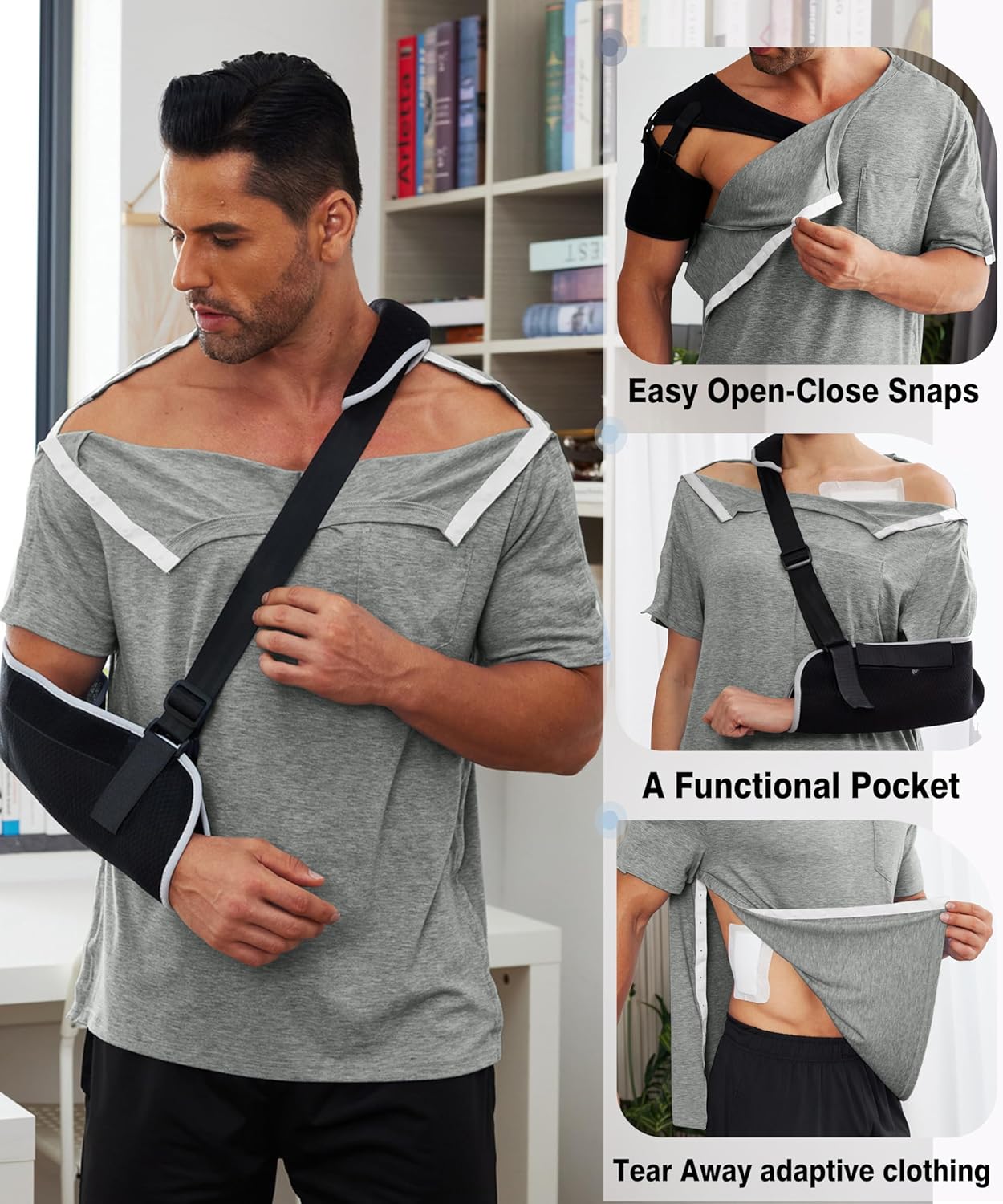 Deyeek Men's Post Shoulder Surgery Shirts Recovery Tear Away Short Sleeve Full Open Side Snap Adaptive Chemo Clothing - Image 4