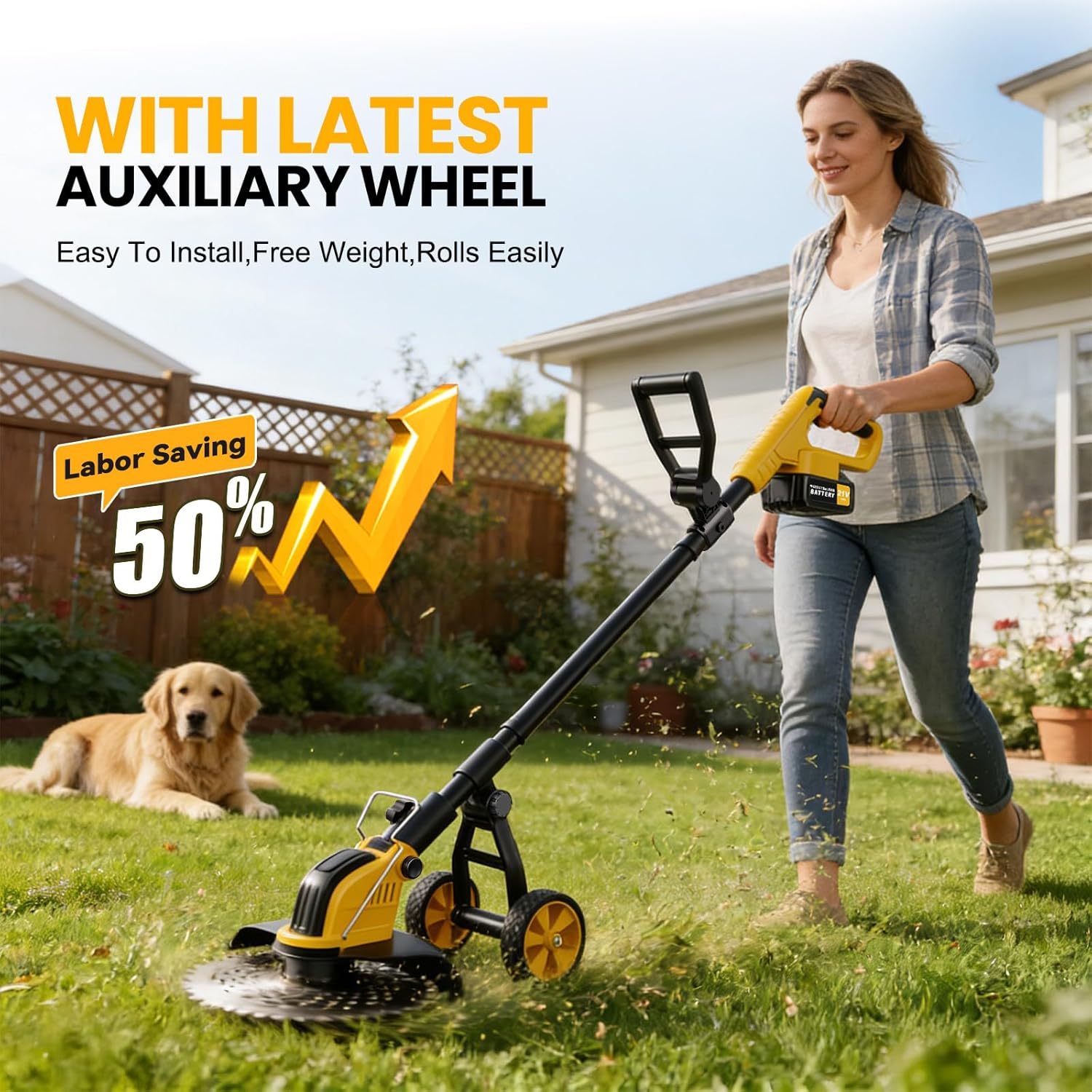 21V 800W Brushless Cordless Weed Wacker, 12 Inch Electric Weed Eater with Wheels, 2×3000mAh Batteries Included & 4 Cutting Blades for Lawn Garden Yard Maintenance