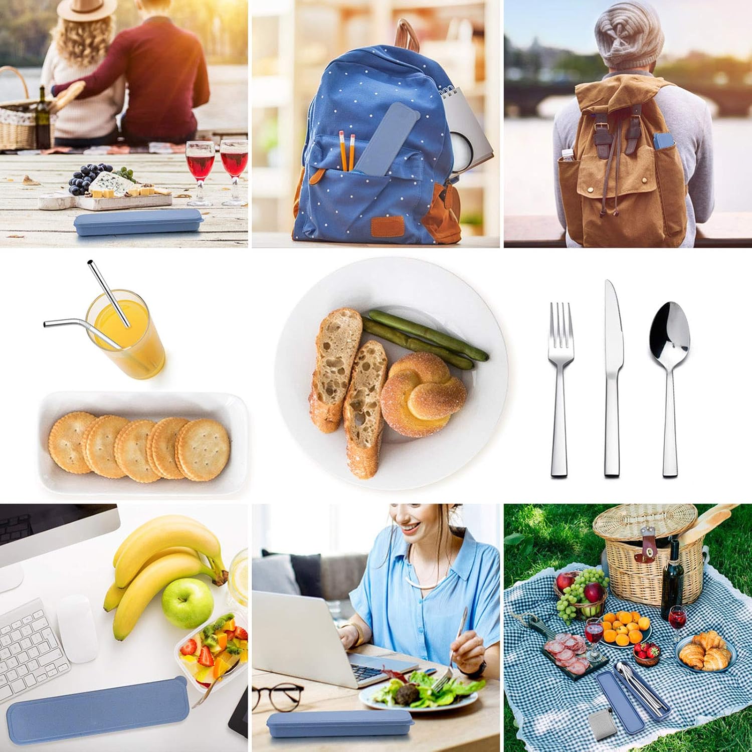 Portable Travel Utensils with Case, HaWare Stainless Steel Silverware Set for Camping Office School Lunch, Including Knife Fork Spoon Chopsticks, Reusable and Dishwasher Safe(Blue)