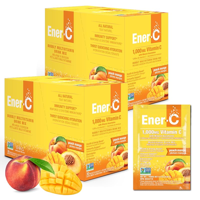 Ener-C Mistura para bebida multivitamínica com vitamina C 1.000 mg, sabor pêssego e manga, 120 sachês