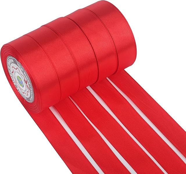 5 Rolls x 22 Meters x 2.5cm Wide - Single Sided Satin Red Ribbon Rolls 25mm Width, Used for Weddings, Christmas Presents and Cakes by Avos-Deals-Global (Red)