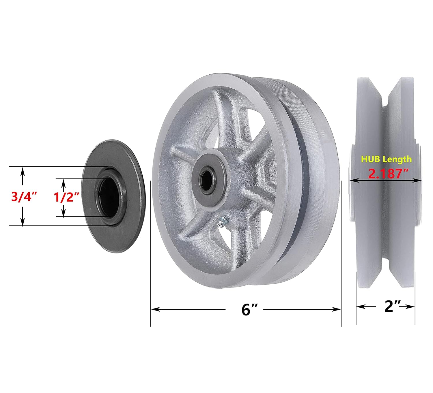 6""x 2"" V-Groove wheel - cast Iron wheel,Capacity up to 2000 Lb. Use for Slide Gate,Rolling Door with V-Track（2 Silver wheel）, Inches