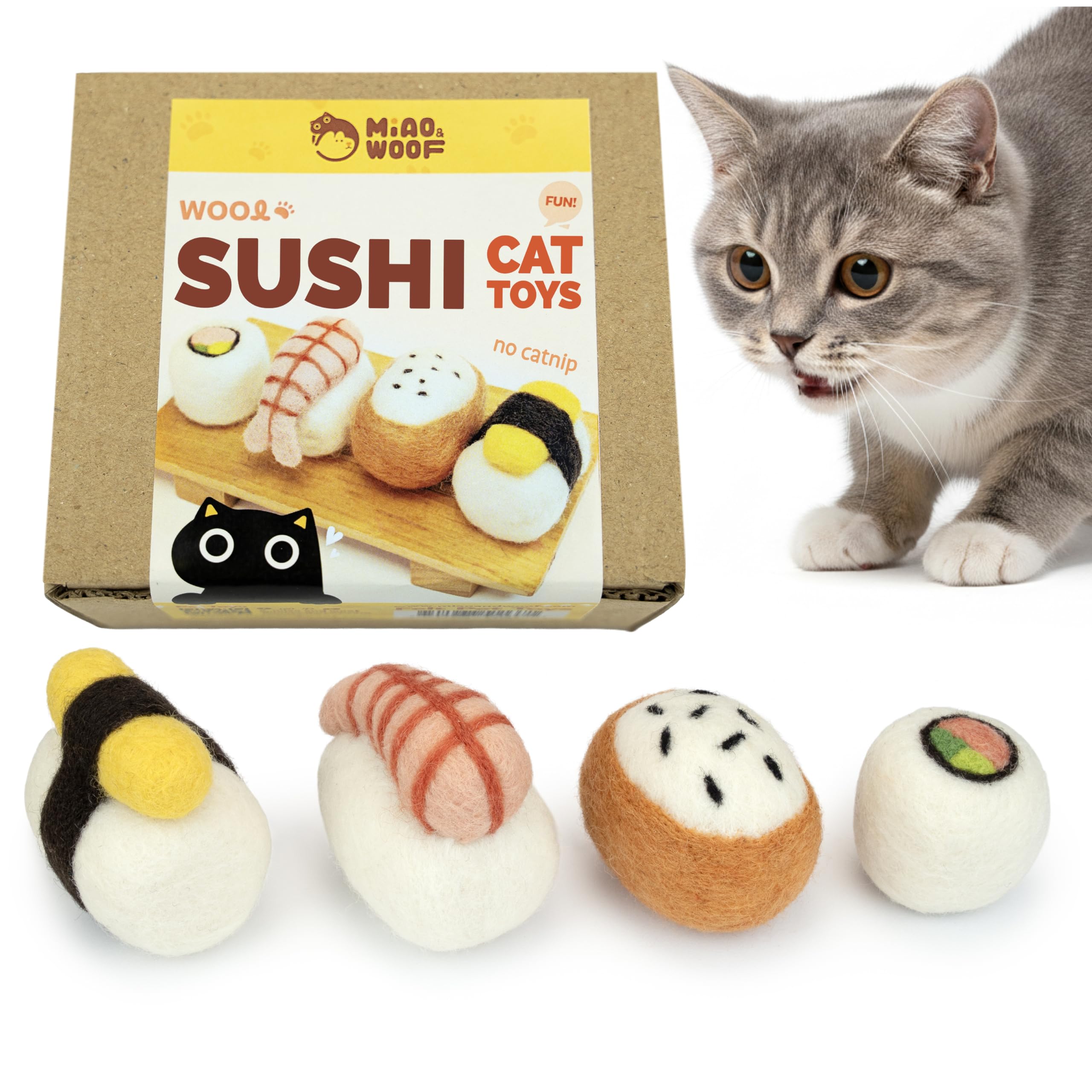 Woolbuddy Sushi Cat Toy Set – Wool Felt Interactive Toys for Indoor Cats & Kittens, Catnip-Free, Durable, Cute Enrichment Toys for Bored Cats, Natural Wool Dental & Hunting Play (Large – 4 Pcs) — image 1