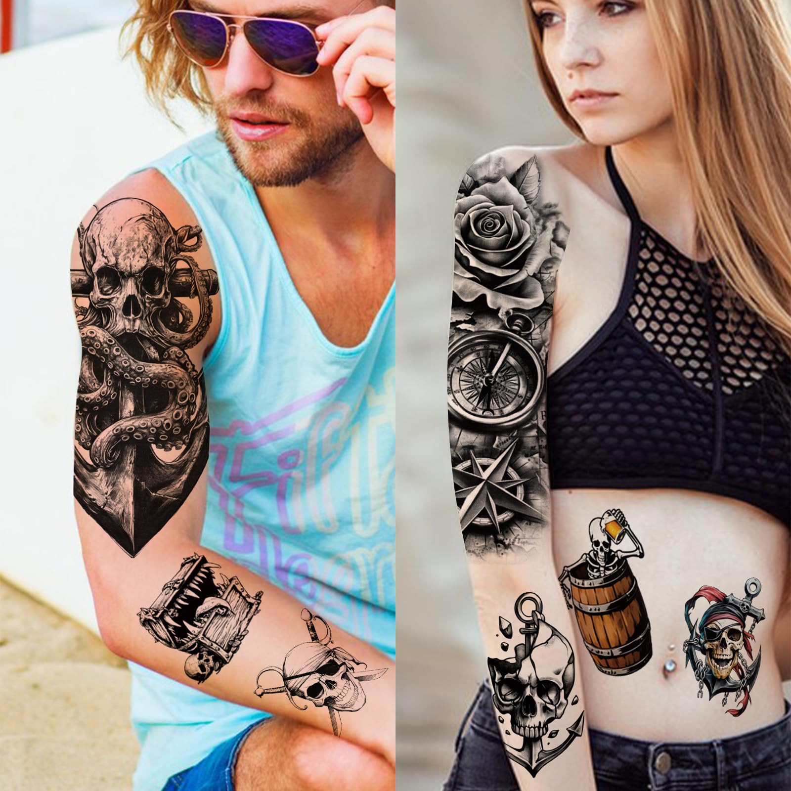 77 Sheets Pirate Skull Temporary Tattoo for Women Men 17 Sheets Half Arm Large Flower Skeleton Octopus Fake Tattoos - Image 3