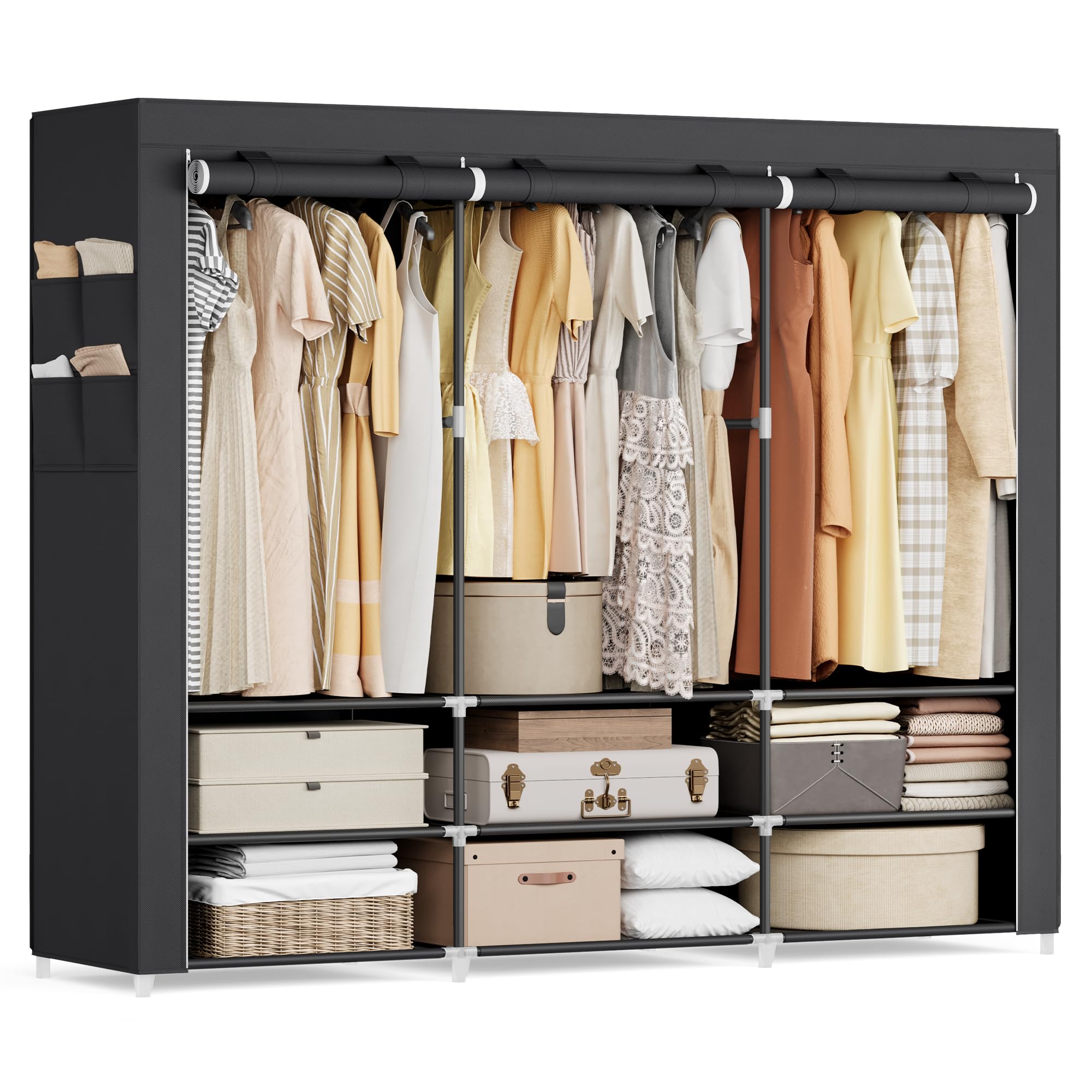 SONGMICS Clothes Wardrobe, Portable Closet, 45 x 188 x 176 cm, 3 Hanging Rails, Shelves, and 4 Side Pockets, Large Capacity for Bedroom, Living Room, Black RYG009B01
