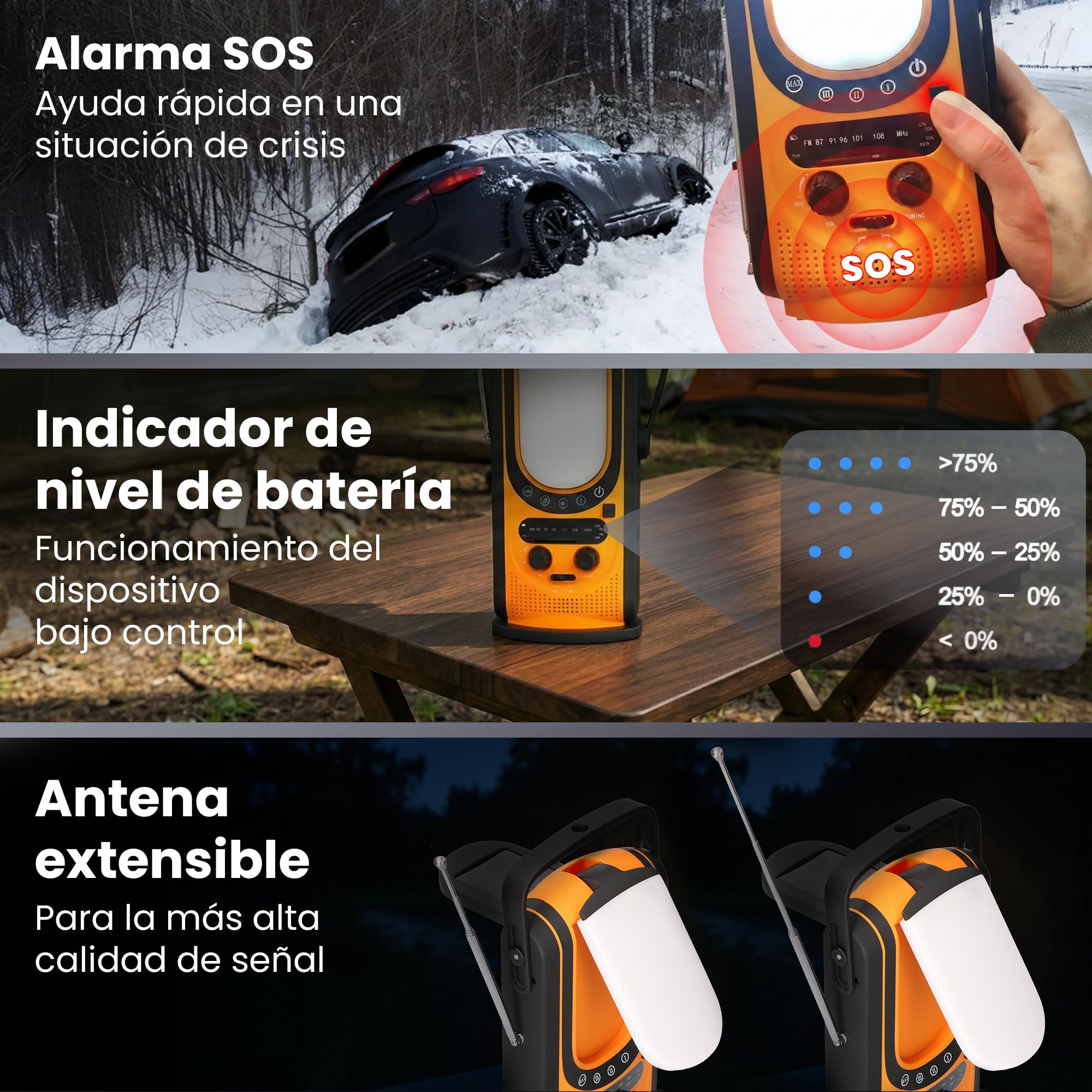 Extralink Radio Solar de Emergencia con Manivela Am/FM, Luz Lectura 4 Modos, Batería Recargable 6000 mAh con Salida USB-C, 6 Modos de Carga, Alarma SOS, para Uso Diario y Situaciones de Emergencia