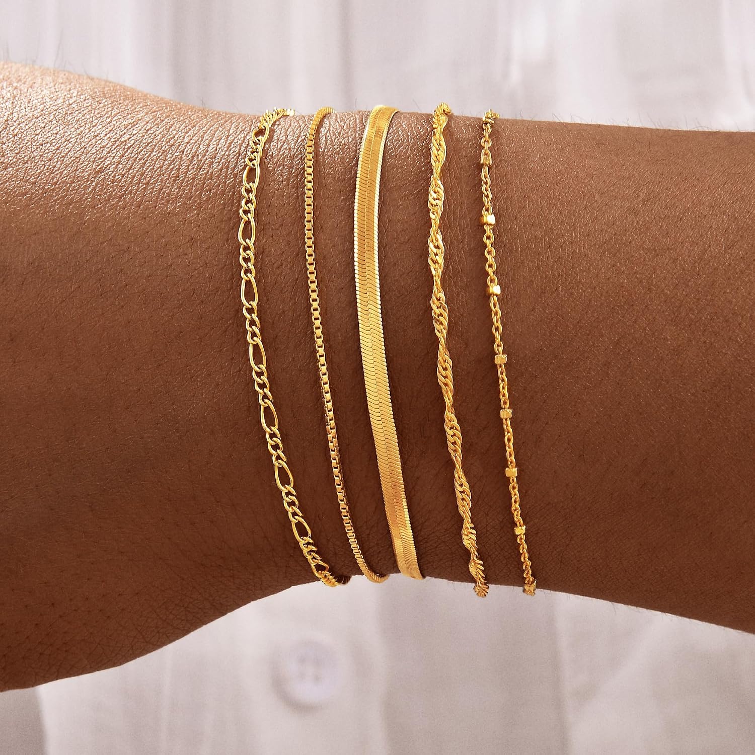 Gold Bracelets for Women, 14K Gold Plated Stackable Bracelet Stack Set Adjustable Charm Small Square Chain Snake Link Layered Waterproof Jewelry Sets Gifts