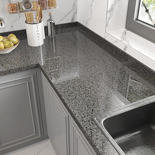 Miniatura 10 de VEELIKE Papel adhesivo de granito de galaxia negra para encimeras, impermeable, para encimeras de cocina, papel tapiz de mármol negro, 15.7 x 118