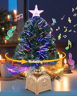 Sonwyoung 2FT Rotating Musical Tabletop Christmas Tree with Lights, Pre-Lit Green Fiber Optic Mini Xmas Tree with Spinning Music Base for Small Space Home Office Desk Holiday Decor