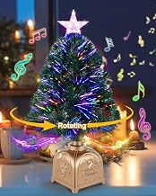 24 Inch Tabletop Christmas Tree with Light and Music, Rotating Musical Pre-lit Artificial Xmas Tree Revolving Decor for Home Office Holiday Party Gift (Green,Fiber Optic)