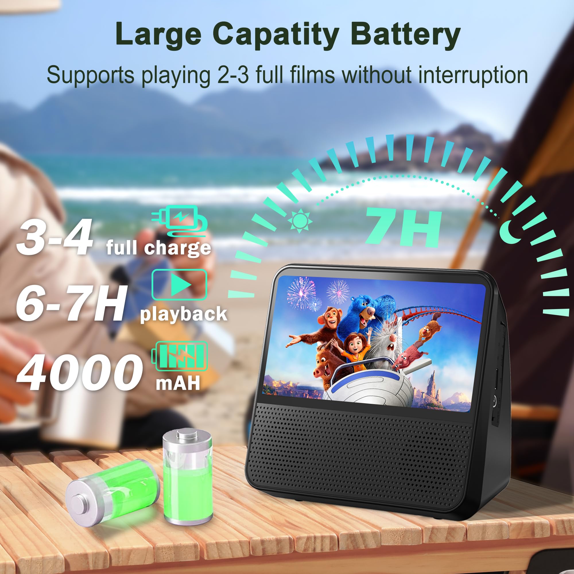 Lecteur DVD Portable Rechargeable 4000mAh, écran HD 9,8", Toutes Zones Libres, Compatible DVD/CD/Bluetooth/AUX/RCA/USB
