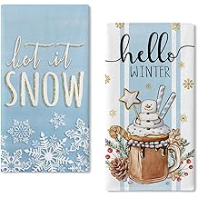 Seliem Hello Winter Blue Kitchen Dish Towels Set of 2, Let It Snow Hot Cocoa Snowman Snowflake Hand Towels Drying Baking Cooking Cloth, Christmas Holiday Seasonal Home Kitchen Decor 18 x 26 Inch