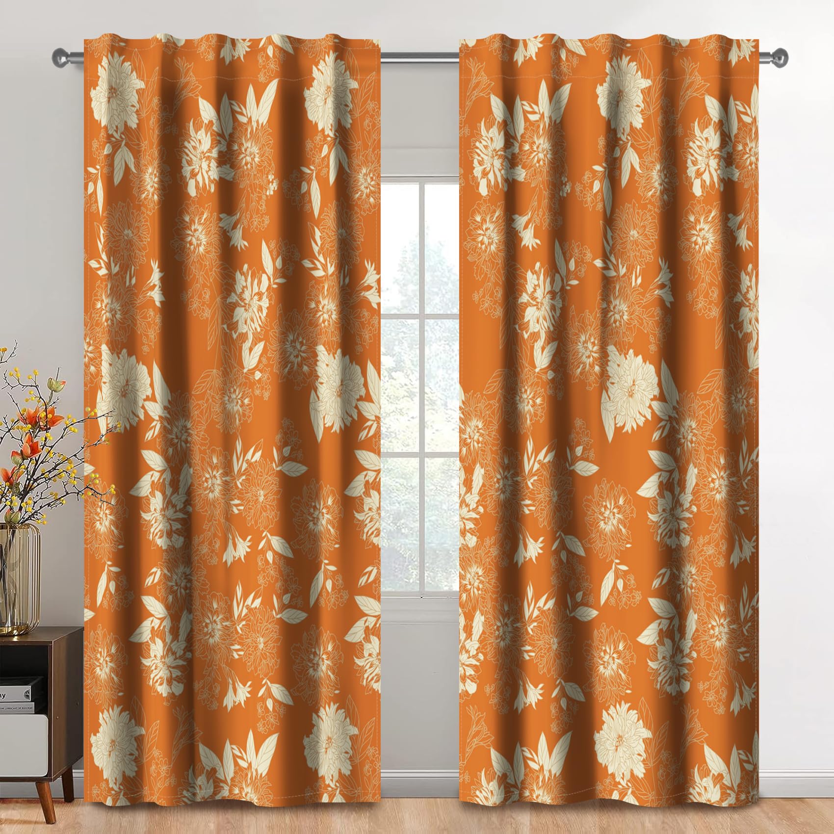 Kzzfqxb 2 Panels 117x229cm Rod Pocket Floral Curtains, Orange Red Botanical Golden Chrysanthemums Flowers with Leaves Window Drapes, Elegant Luxury Decor for Living Room Bedroom Dining Room โ image 1