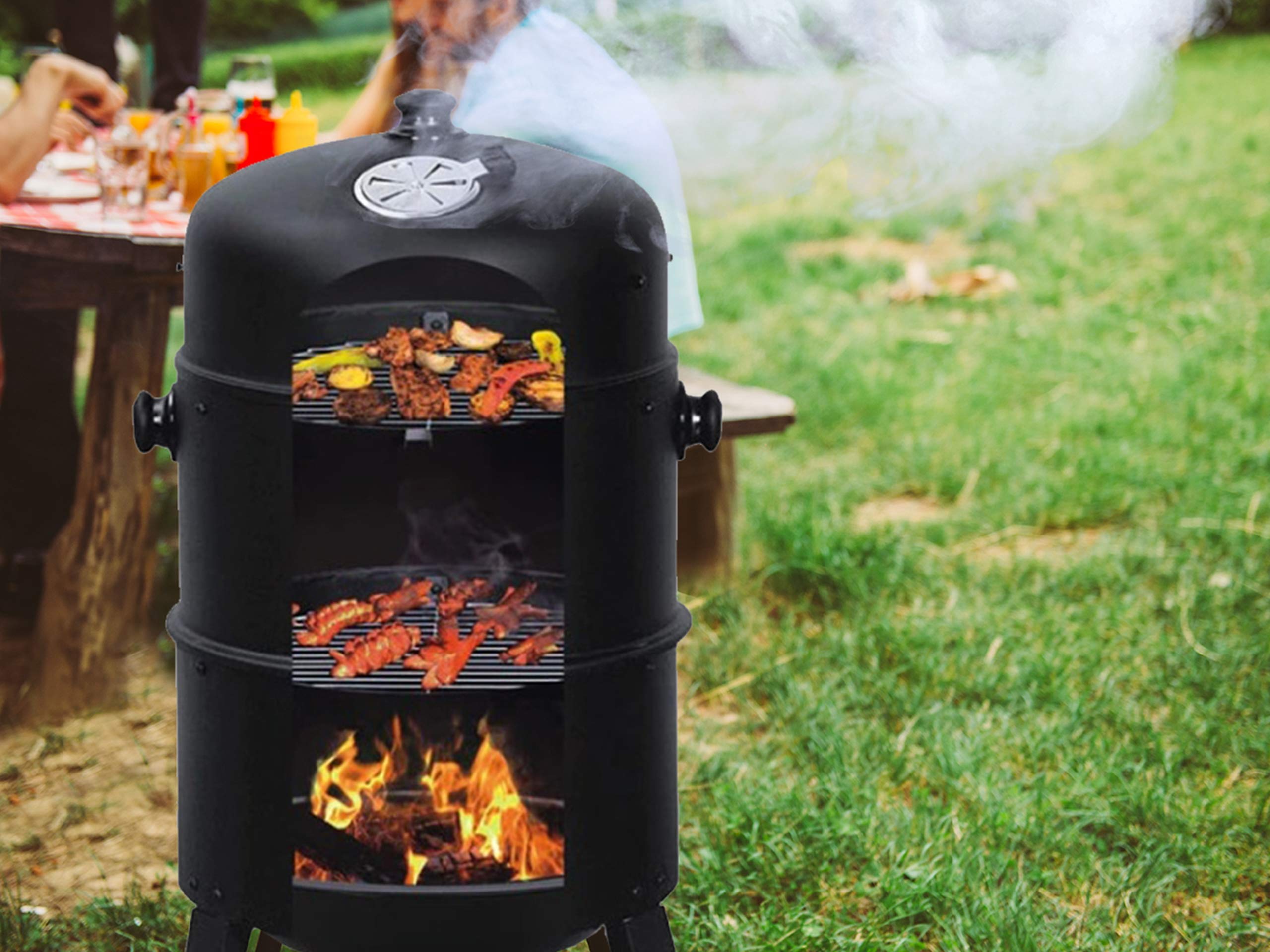 GrillMaster Grill Węglowy SmokeHouse GM8000 + Wędzarnia + Termometr, Ogrodowy, Wędzenie, Gotowanie na Parze, Dwie Misy, Funkcja Paleniska