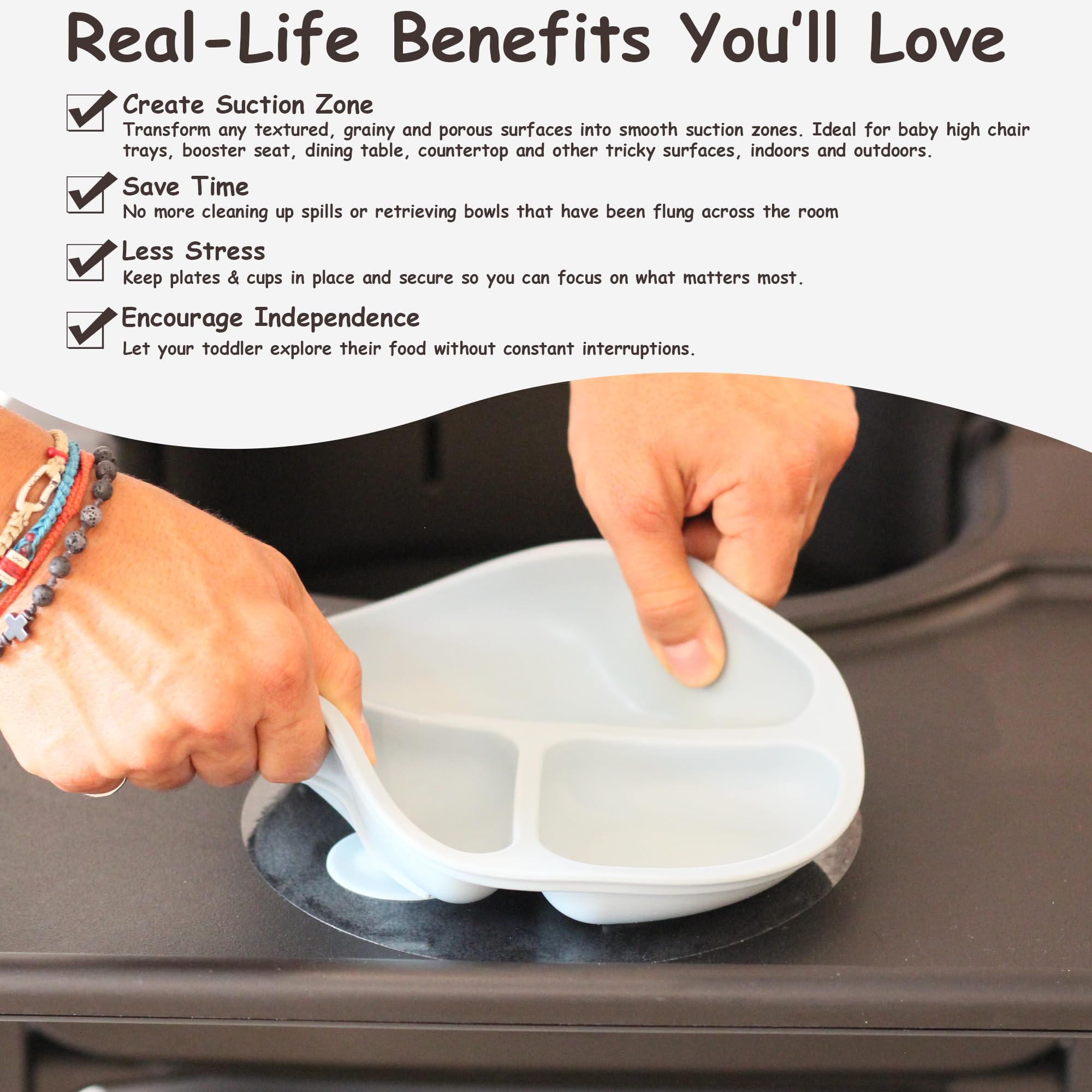 Transparent Stickers to Secure Suction Plates, Bowls, Toys on Grainy or Textured Trays and Surfaces – 6 Pack – Compatible with Stokke Tripp Trapp Tray, Stokke Clikk, Stoke Steps, Bugaboo