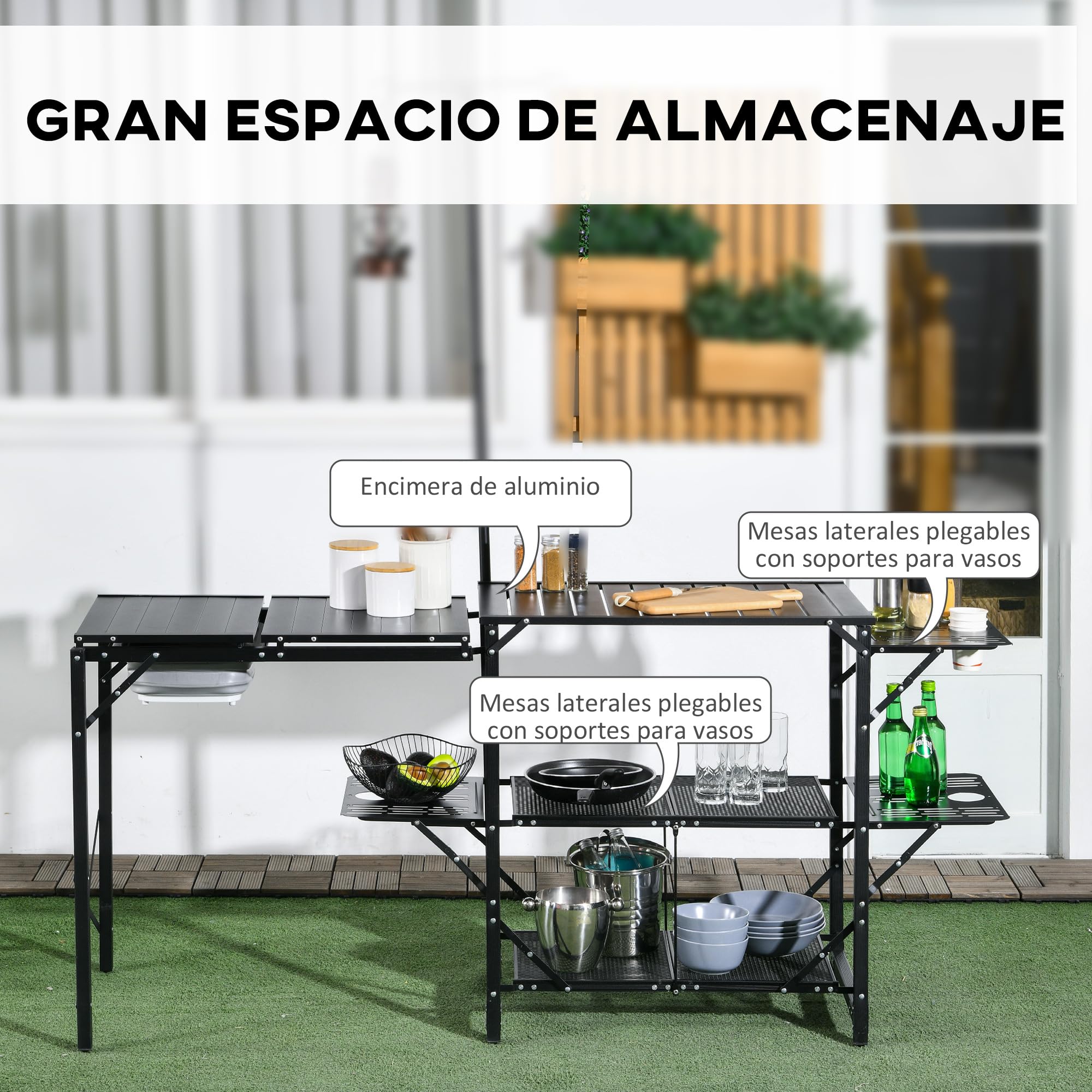 Outsunny Mesa de Cocina de Camping de 3 Niveles, Mesa de Camping Plegable Portátil con Fregadero, Estantes de Almacenaje, Soporte para Lámpara, Bolsa de Transporte para Exterior 173x52x80-174 cm Negro
