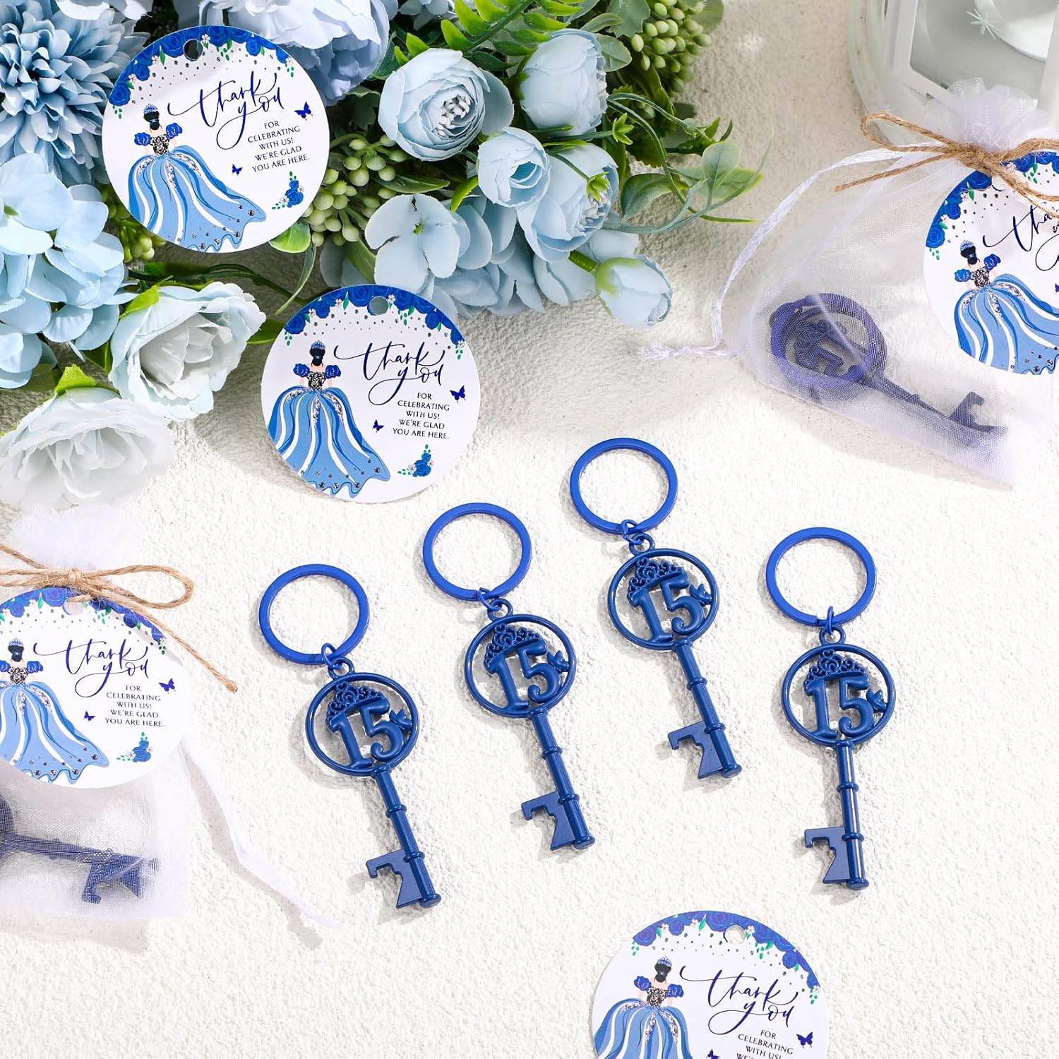 Sliner 50 Sets Quinceanera Party Favors for Guests 15 Birthday Keychain 15 Years Old Bottle Opener Thank You Tags Quinceanera Gift Birthday Quince Party Souvenirs for Girl Adults (Blue) - Image 4