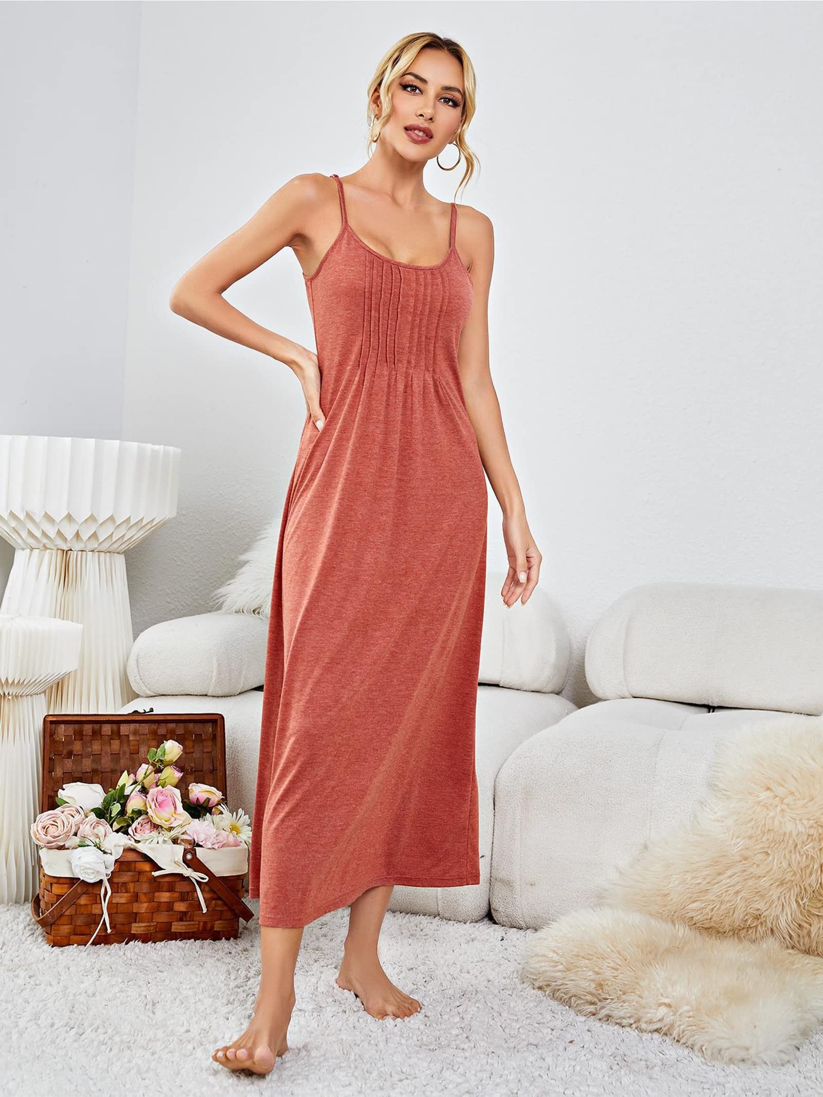 Camicia da Notte Donna Stretch Chemise Plissettata Sleepwear con Cinghie Regolabili