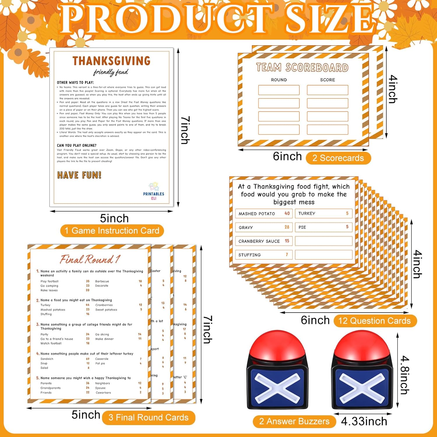 Syhood Thanksgiving Friendly Feud Game with 2 Answer Buzzer, Friendsgiving Family Card, Family Trivia Quiz Game Night for Party Office Adults Large Groups Teams
