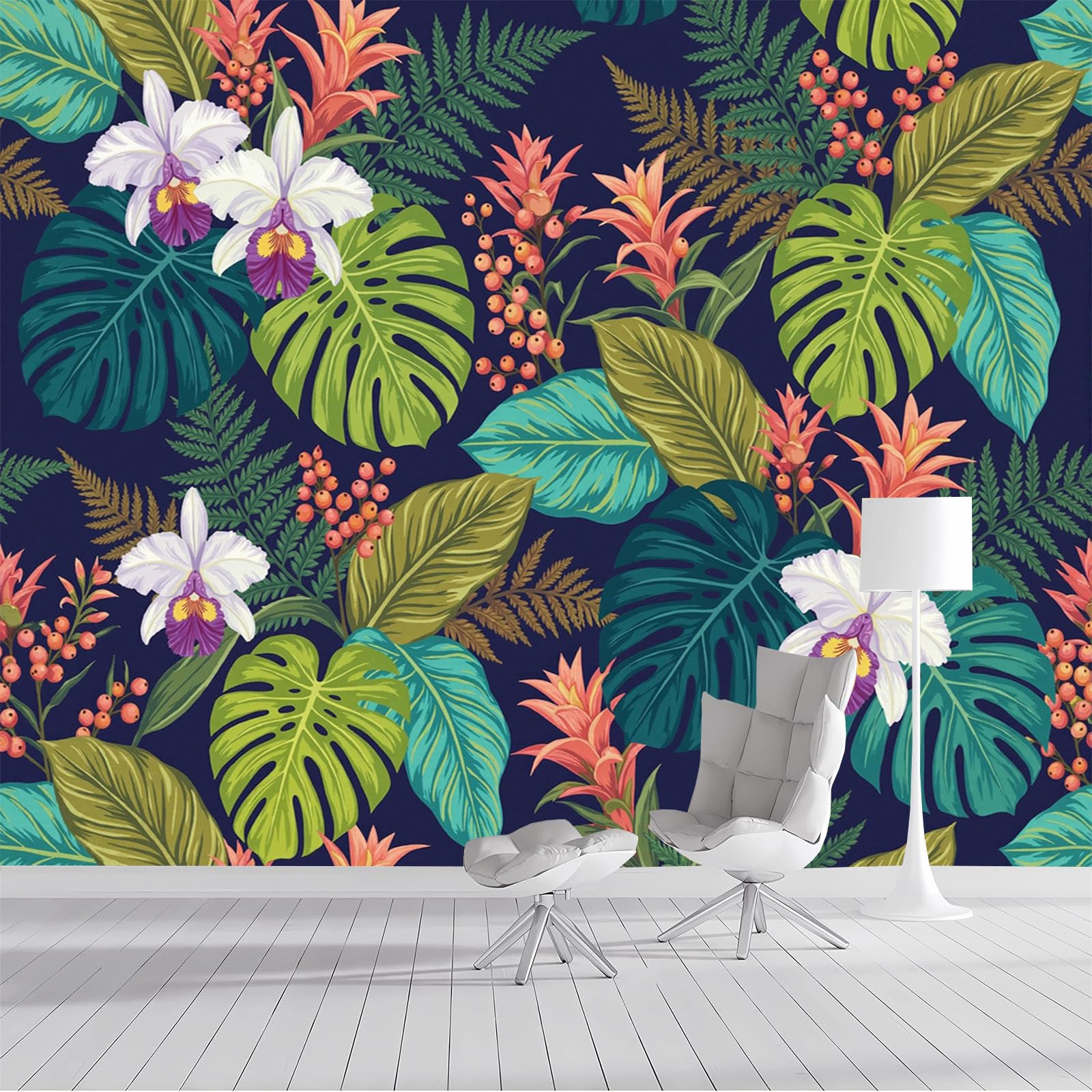 Papier peint panoramique pour agrandir un salon avec grand mural turquoise