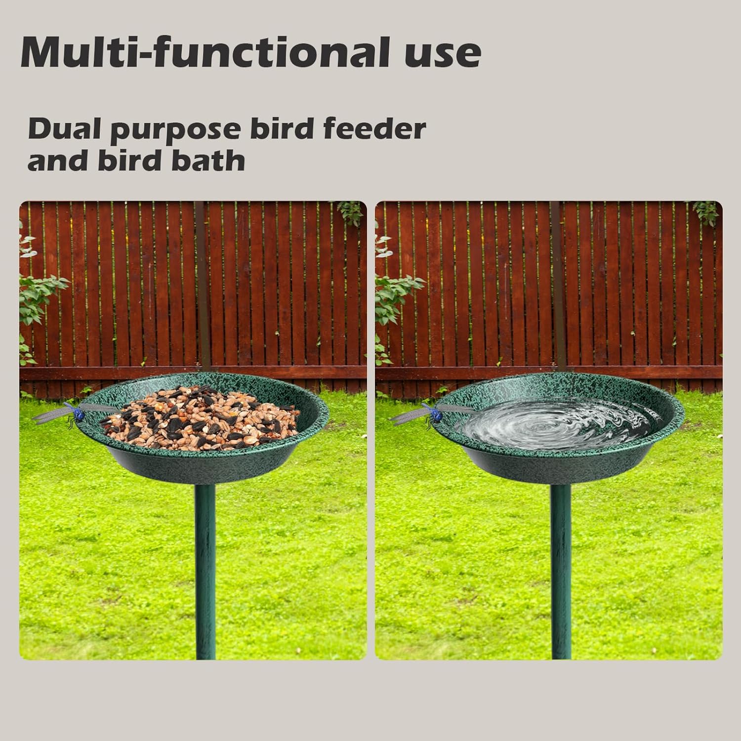 Freestanding Birdbath for Outside, 25.5 inch Height Outdoor Garden Bird Bath, Metal Bird Feeder with Magnetic Dragonfly for Garden Yard Patio Lawn Decor, Green
