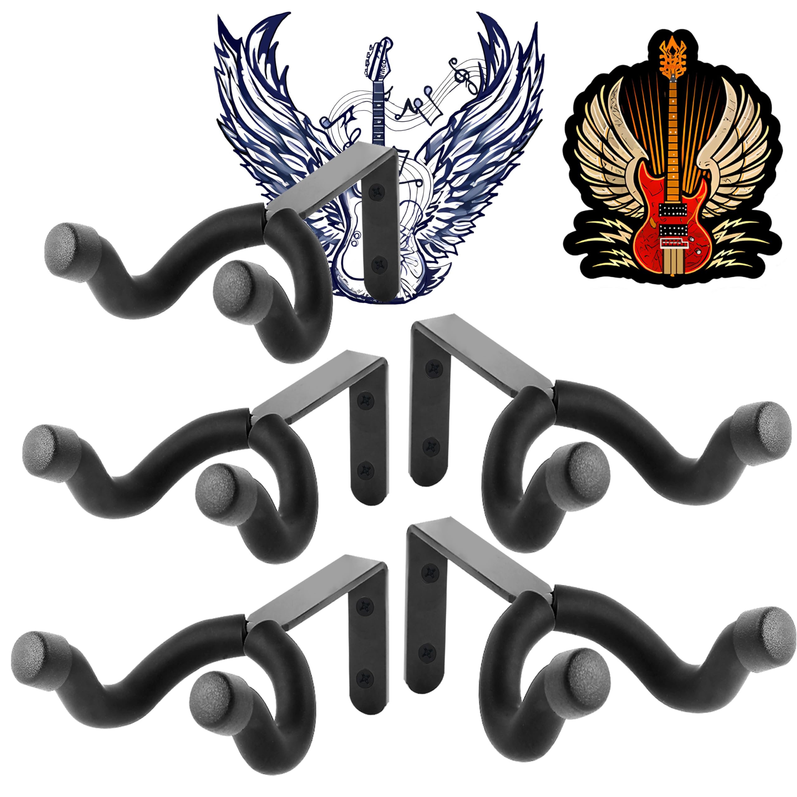 WINGO Guitar Wall Hangers, 5 Pack Guitar Wall Mounts Hanger Hook Holder Stand with Cool Stickers for Acoustic Electric Guitar Bass Banjo Mandolin Ukulele.