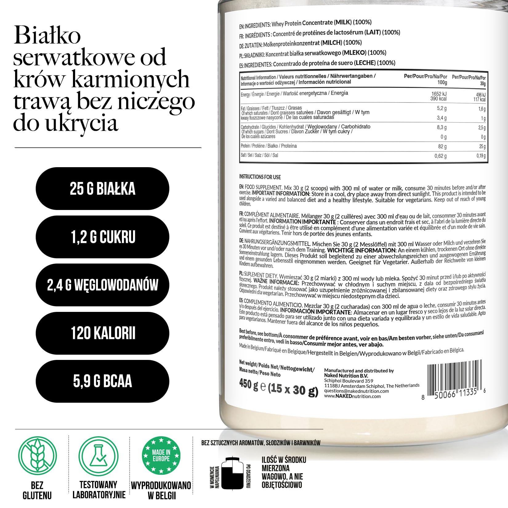 Naked Whey – białko serwatkowe w proszku, bez smaku, bez GMO, bez soi, bez glutenu, wspomaga wzrost i regenerację mięśni, 450 g