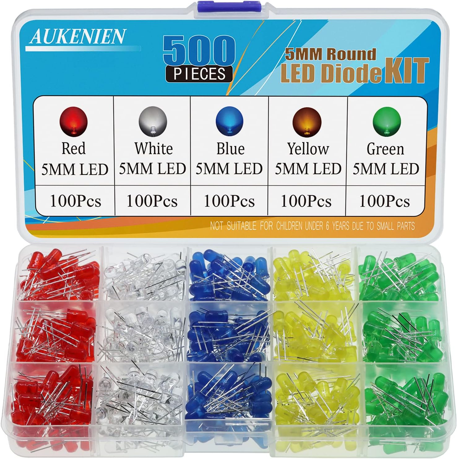 AUKENIEN 500pcs 5MM LED Diodes Light Emitting Diode Assortment Kit 5 Colors Red Blue Yellow Green White Round LED Lighting Bulb Lamp Components for Electronics