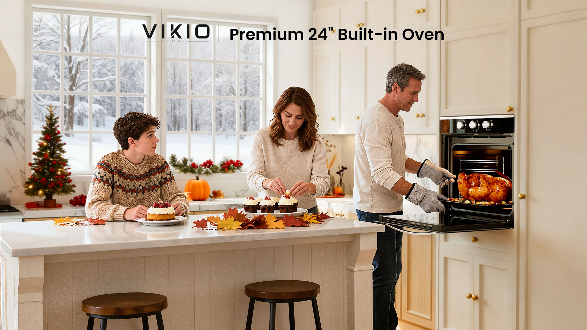 Image of VIKIO HOME Single Wall Oven 24 inch, 2.83 Cu.Ft-80L with 8 Functions Built-in Electric Ovens, 240V, 3220W Fast Preheat, Mechanical Knob Control for Easy Cooking