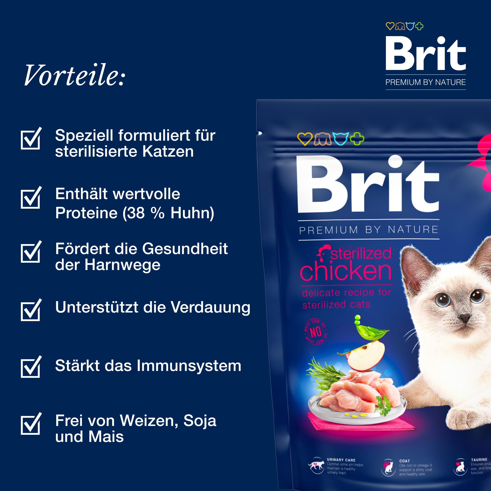 Brit Premium by Nature Trockenfutter für sterilisierte Katzen, Geschmacksrichtung Huhn, 8 kg