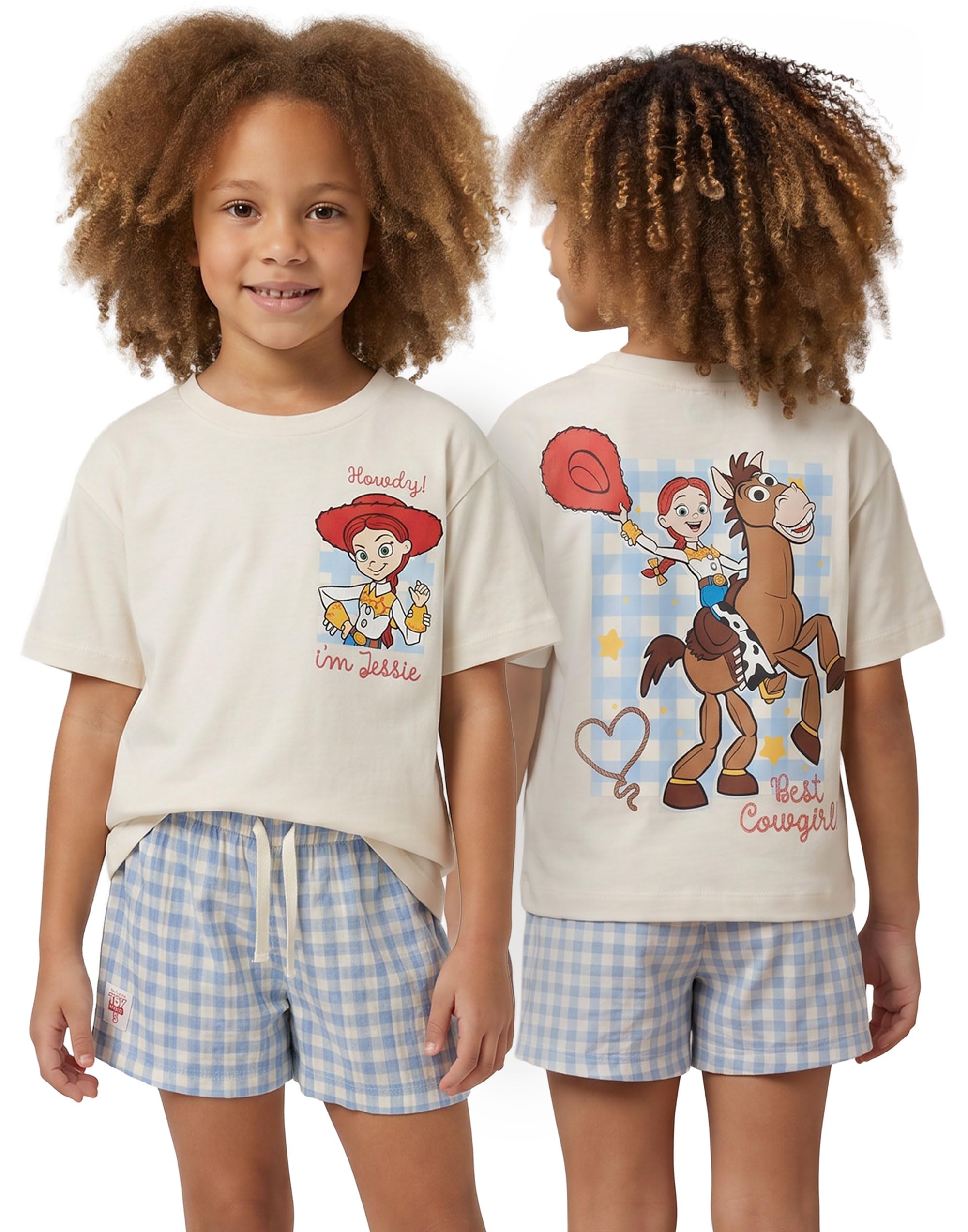 Disney Girls White Toy Story Jessie & Bullseye Beige Blue T-Shirt | Checkered Shorts Set With Graphic Print | Crew Neck Short Sleeve Pullover Merch - 4-5 Years