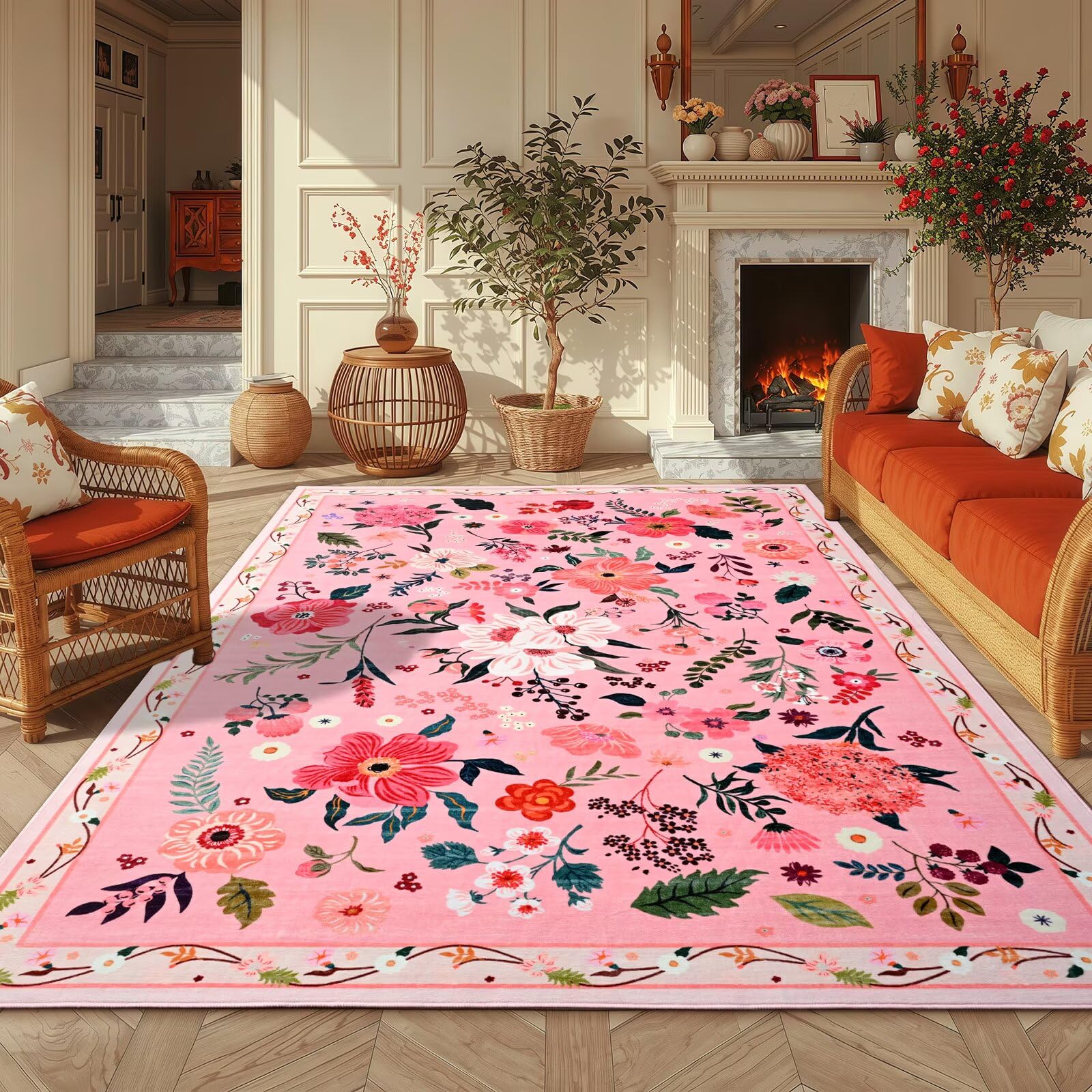 Macgace 5x7 Pink Floral Rug for Living Room, Machine Washable Area Rugs with Non Slip Backingfor Girls Bedroom, Cute Flowers Carpet Kitchen Dining