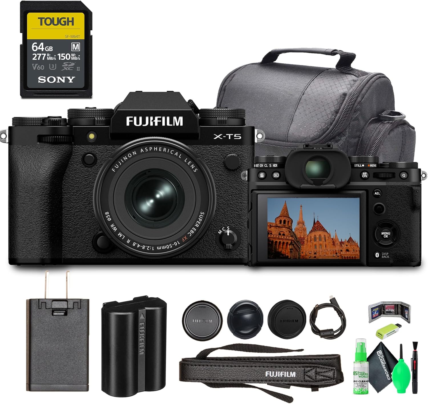 Fujifilm X-T5 Professional Compact Digital Mirrorless Camera with XF 16-50mm f/2.8-4.8 Lens (Black) Bundle with 64GB UHS-II SDXC Memory Card + Travel Bag and Greens Lens Cleaning Kit