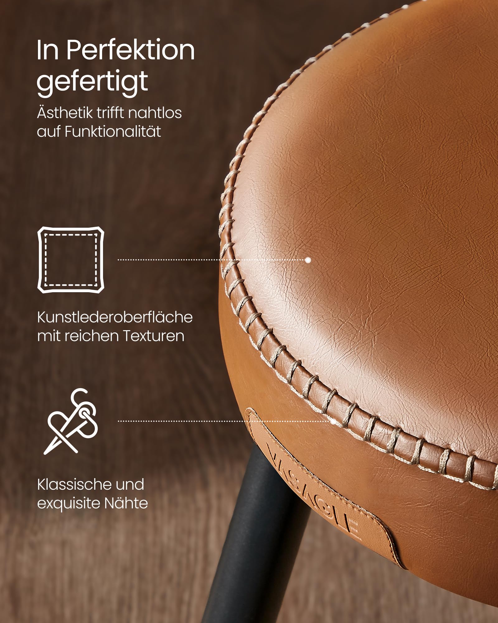 VASAGLE EKHO Kollektion - Barhocker 2er Set, Barstuhl, Küchenstuhl, Kunstleder, Mid-Century-Modern-Stil, 76 cm hoch, Küche, Esszimmer, einfacher Aufbau, karamellbraun und Mattschwarz LBC090K01V1